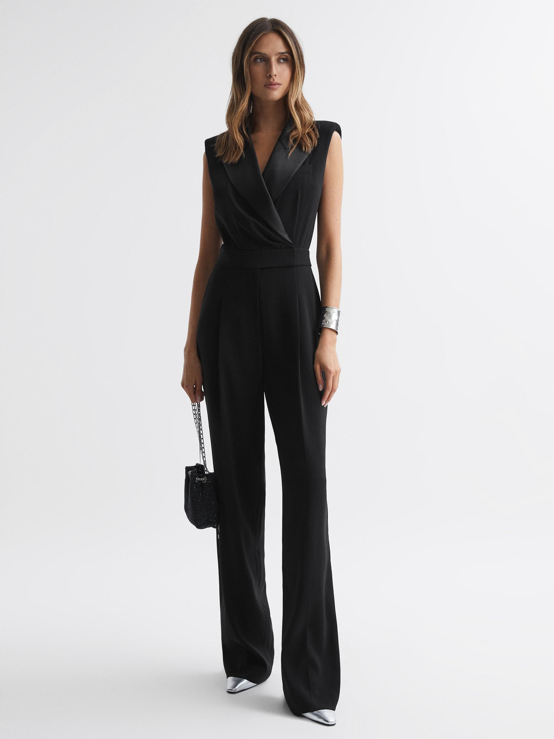 Petite Satin Lapel Jumpsuit in Black - Image 3 of 6