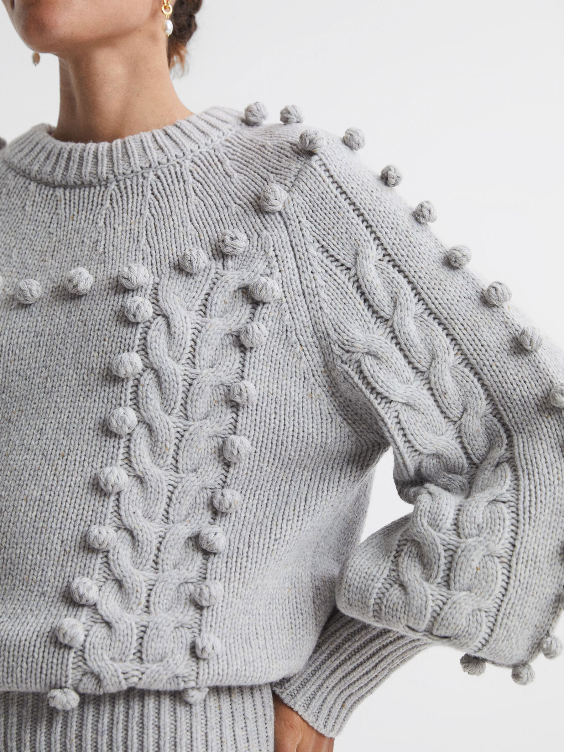 Joslin Wool Pom Pom Crew Neck Jumper in Grey Marle - Image 3 of 6