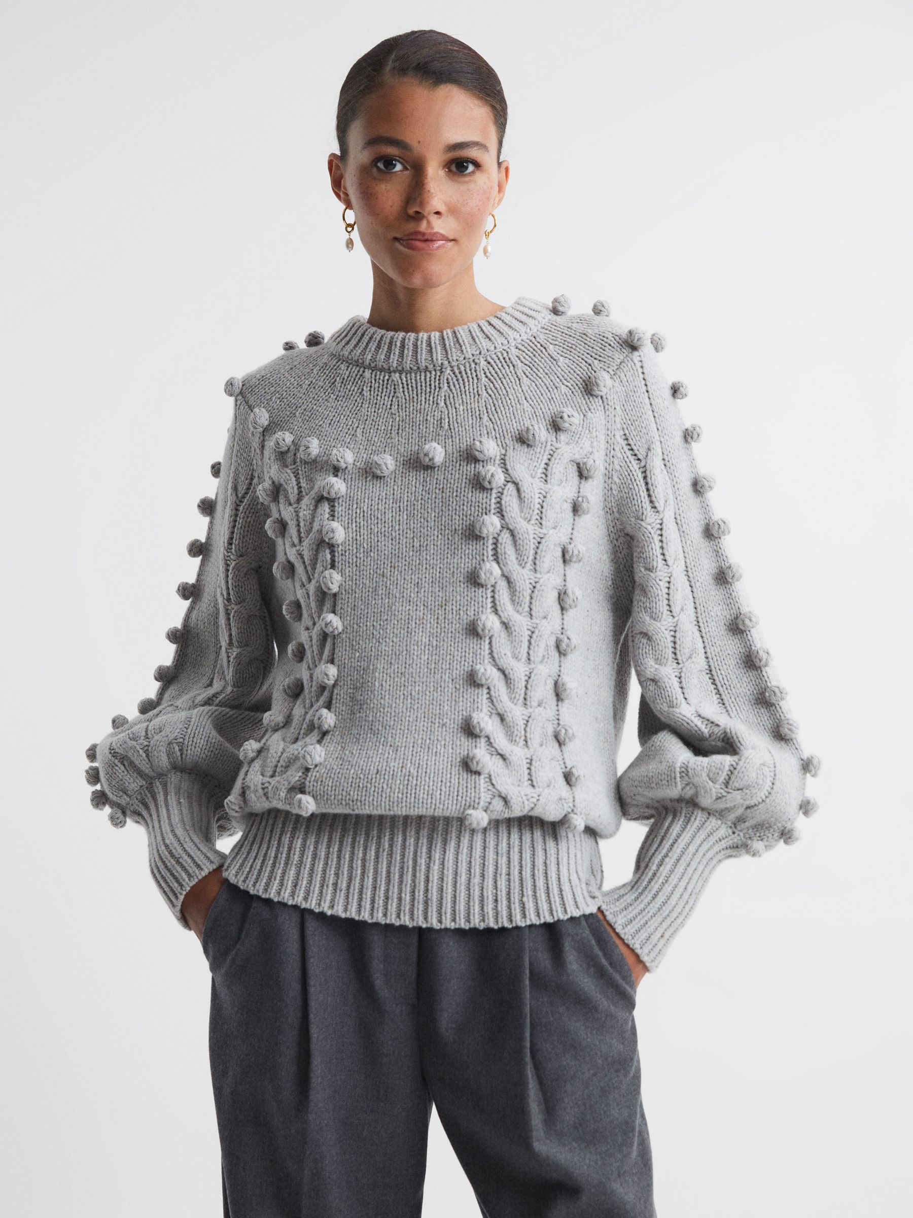 Joslin Wool Pom Pom Crew Neck Jumper in Grey Marle - Image 4 of 6
