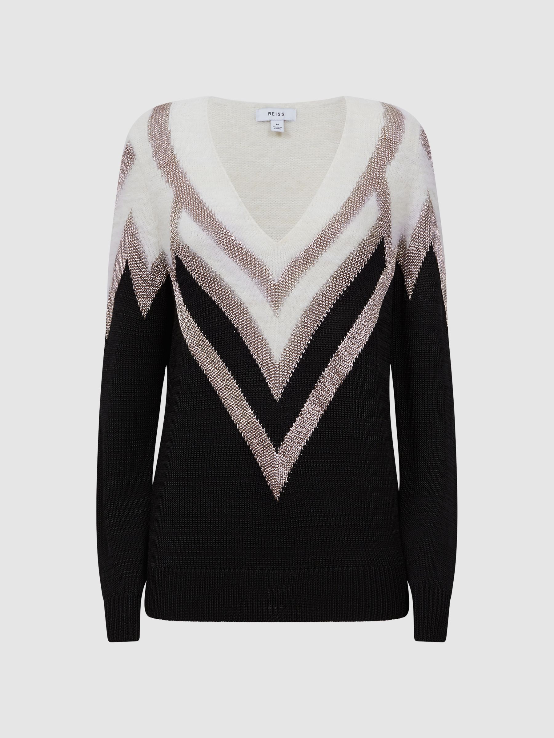 Contrast Trim Metallic V-Neck Jumper in Black/Silver - Image 2 of 5