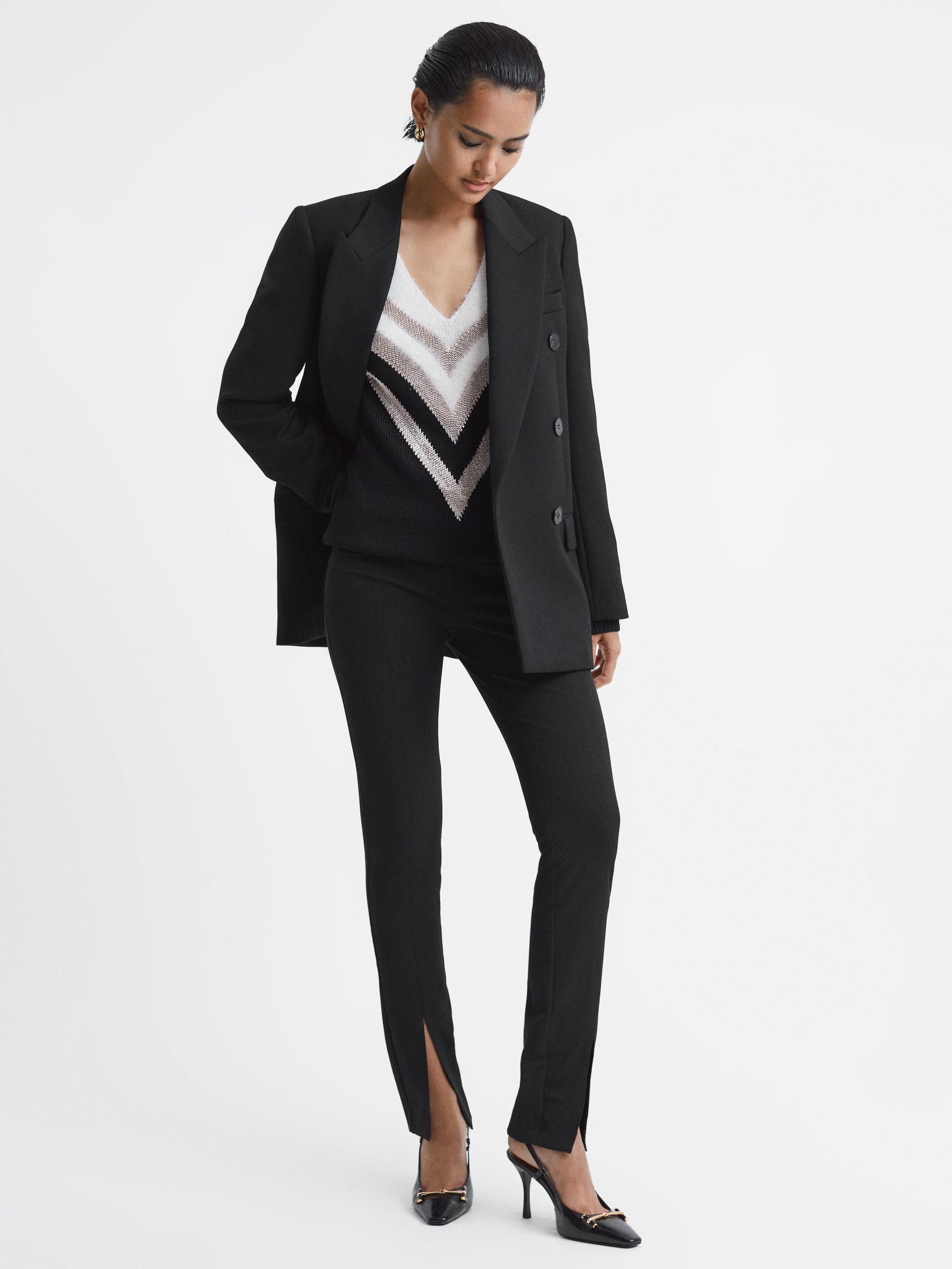 Contrast Trim Metallic V-Neck Jumper in Black/Silver - Image 3 of 5