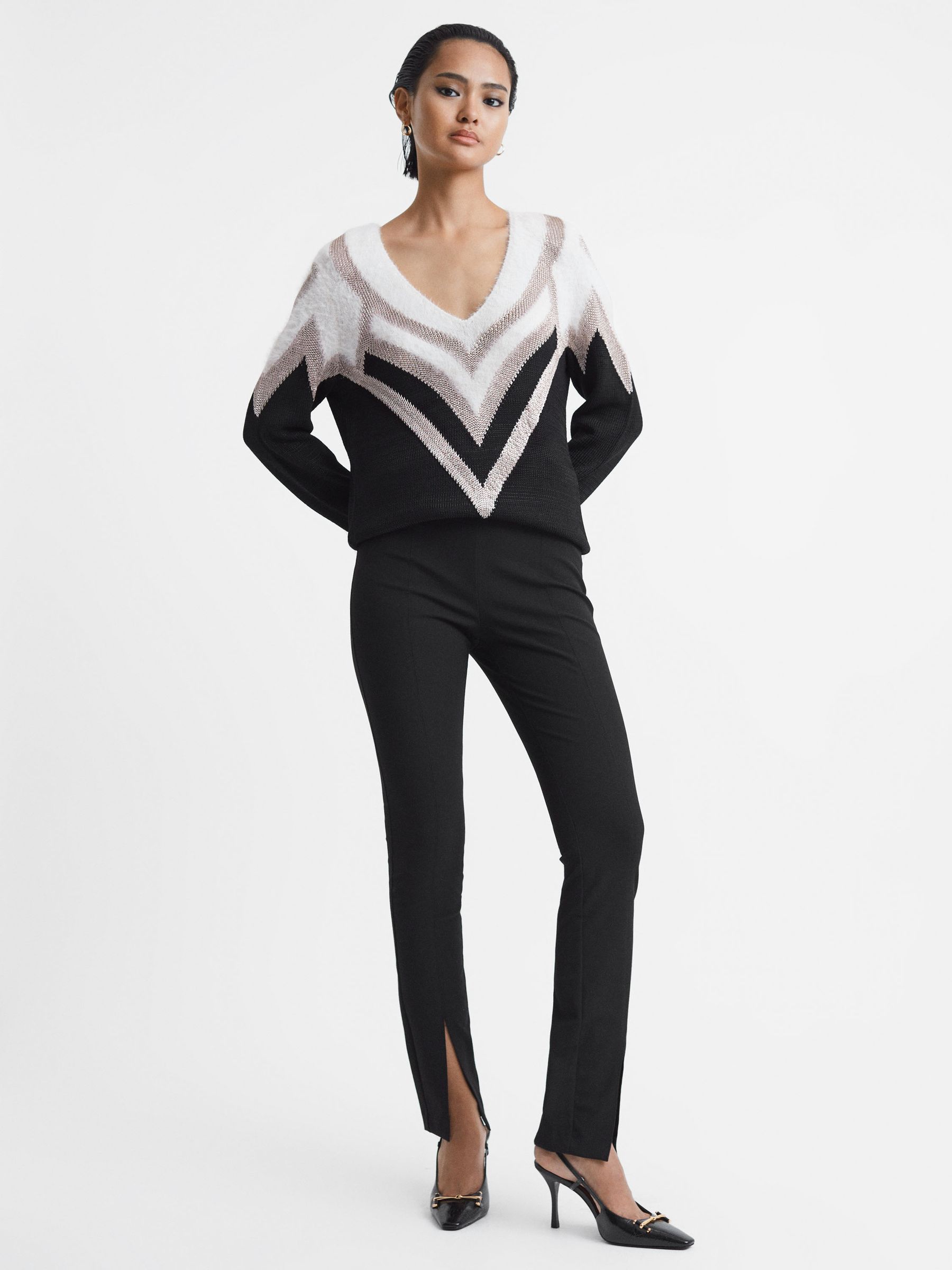 Contrast Trim Metallic V-Neck Jumper in Black/Silver - Image 4 of 5