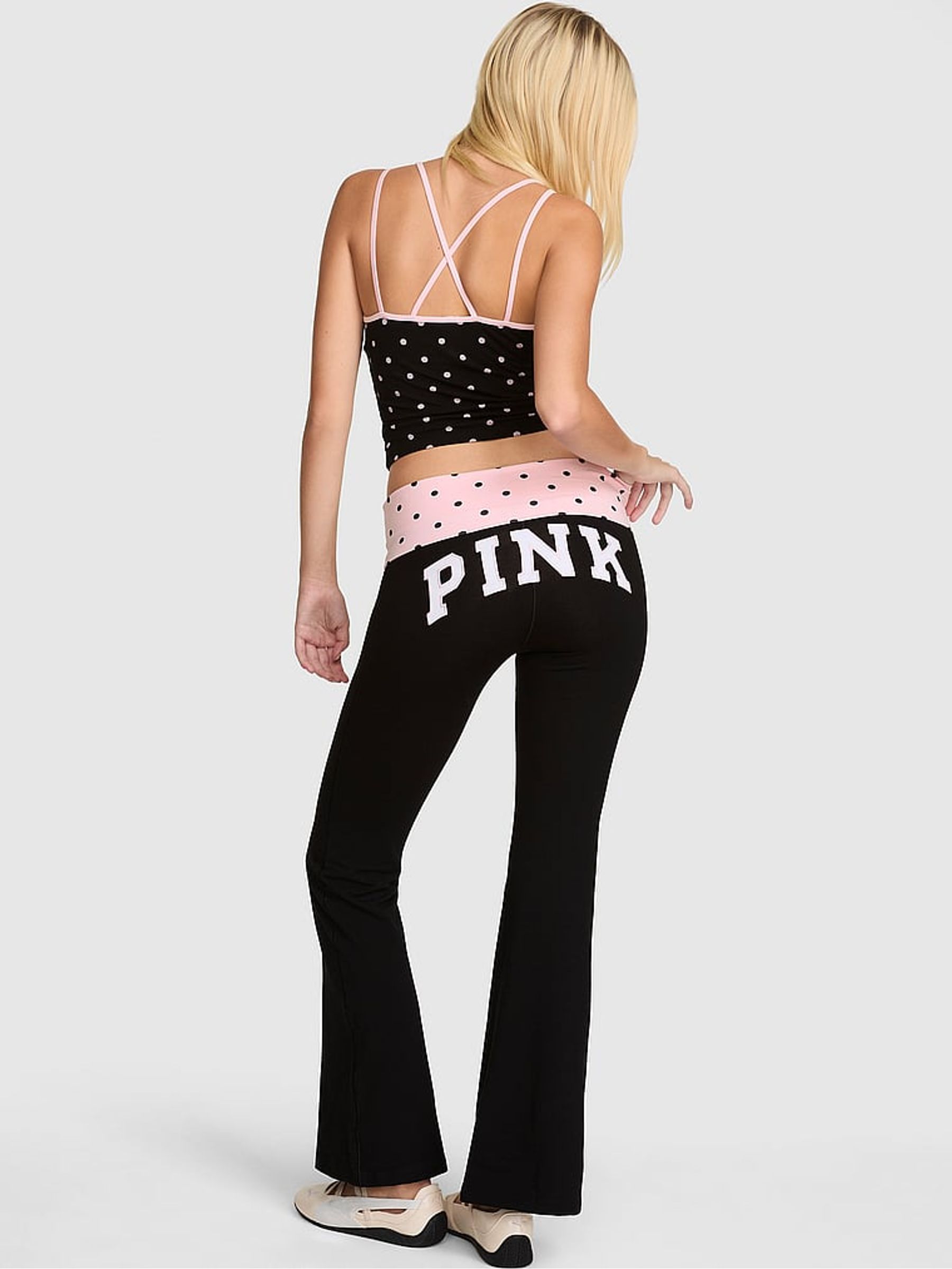 Pink Polka Dot Pink Cotton Foldover Leggings - Image 2 of 2