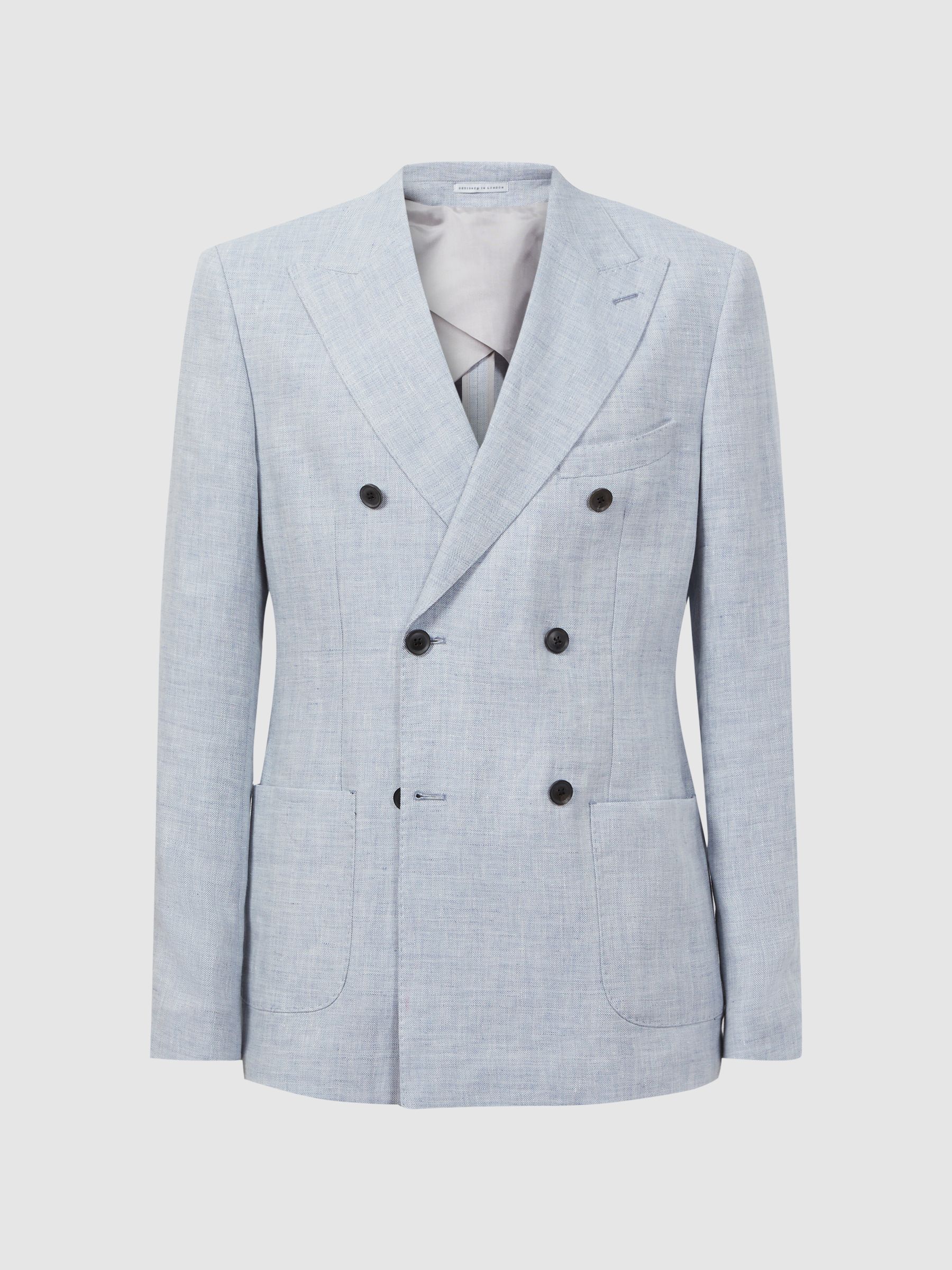 Lagoon Soft Blue Slim Fit Double Breasted Linen Herringbone Blazer - Image 2 of 6 Lagoon Soft Blue Slim Fit Double Breasted Linen Herringbone Blazer - Image 2 of 6