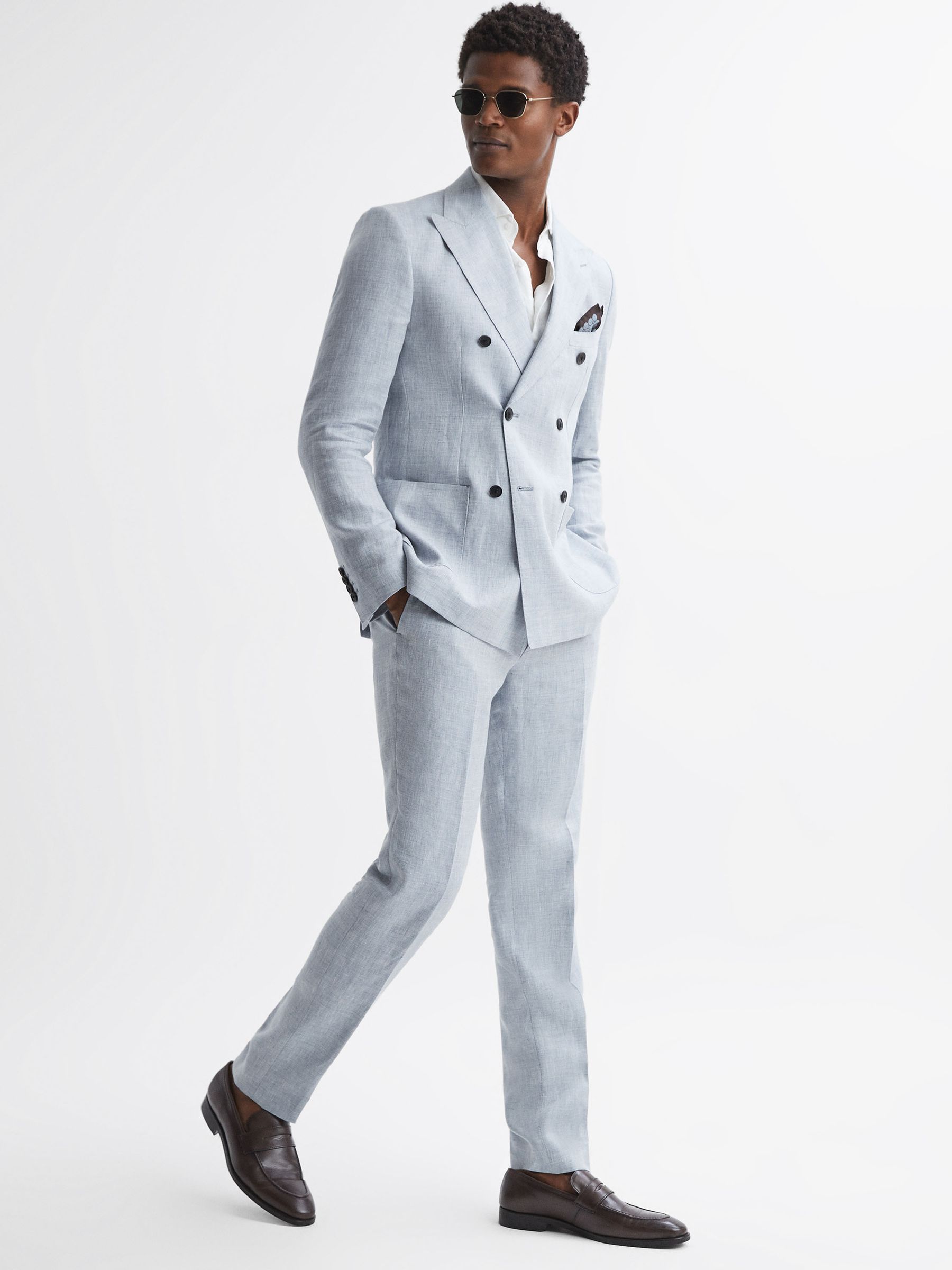 Lagoon Soft Blue Slim Fit Double Breasted Linen Herringbone Blazer - Image 3 of 6