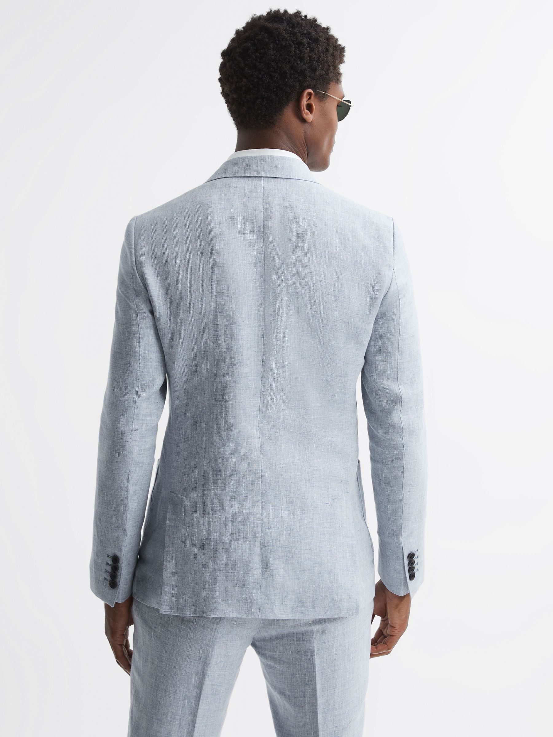 Lagoon Soft Blue Slim Fit Double Breasted Linen Herringbone Blazer - Image 4 of 6