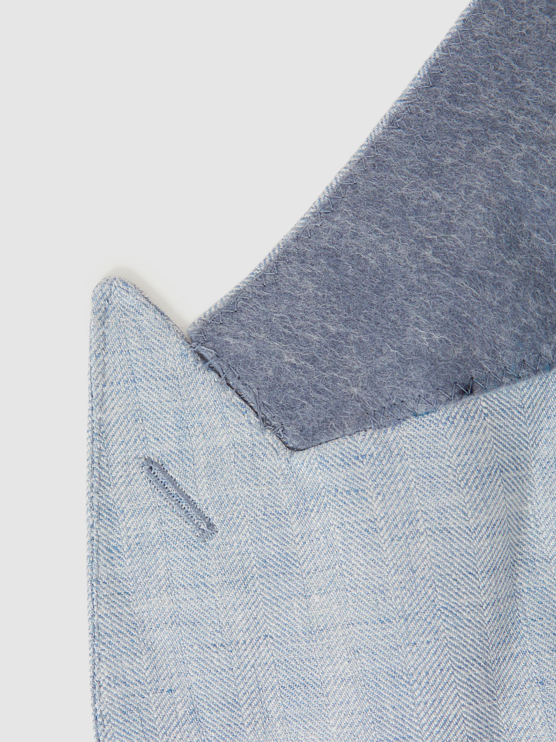 Lagoon Soft Blue Slim Fit Double Breasted Linen Herringbone Blazer - Image 6 of 6