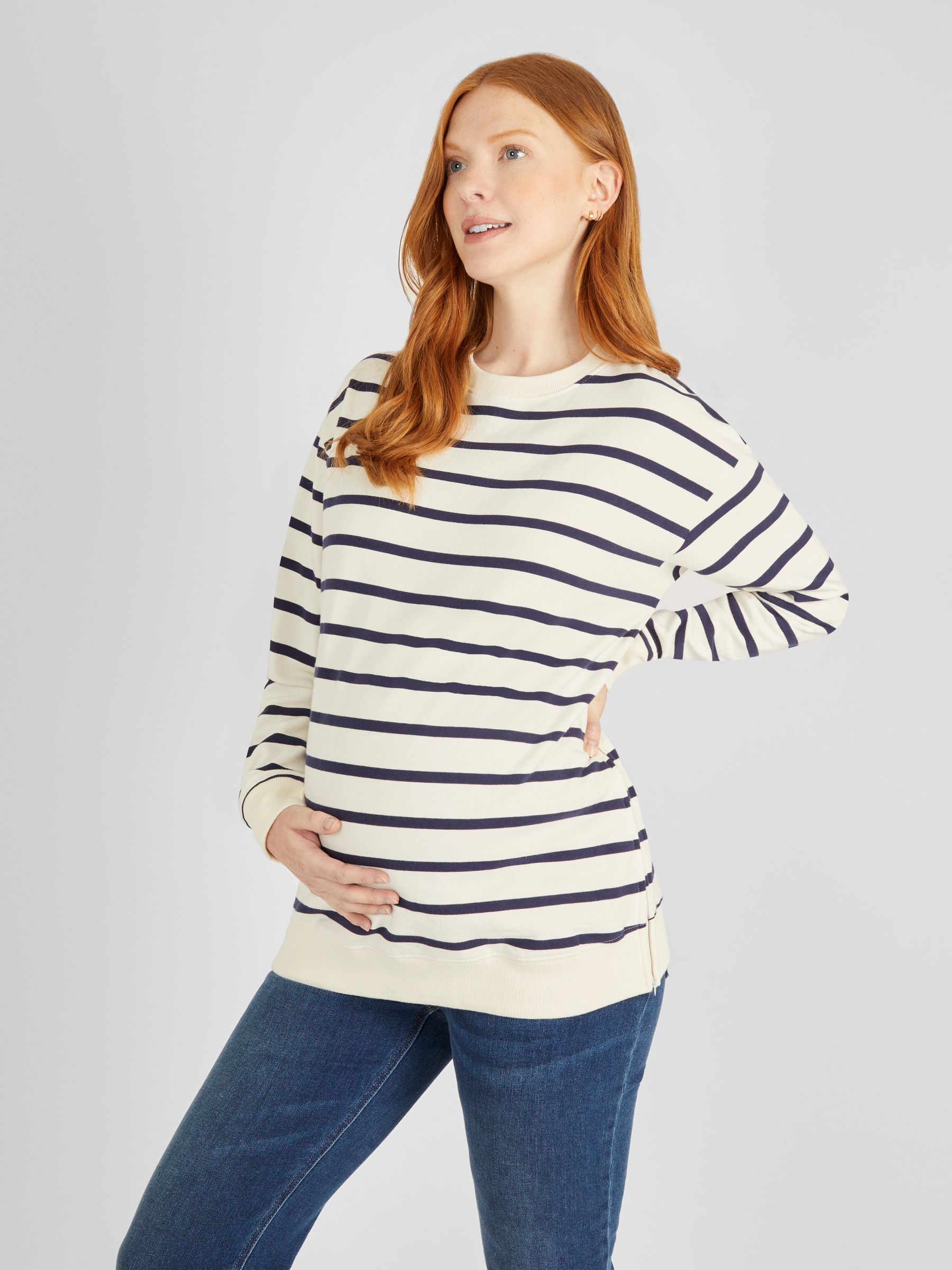 Cream & Navy Blue Stripe Maternity & Nursing Sweatshirt - Image 1 of 5