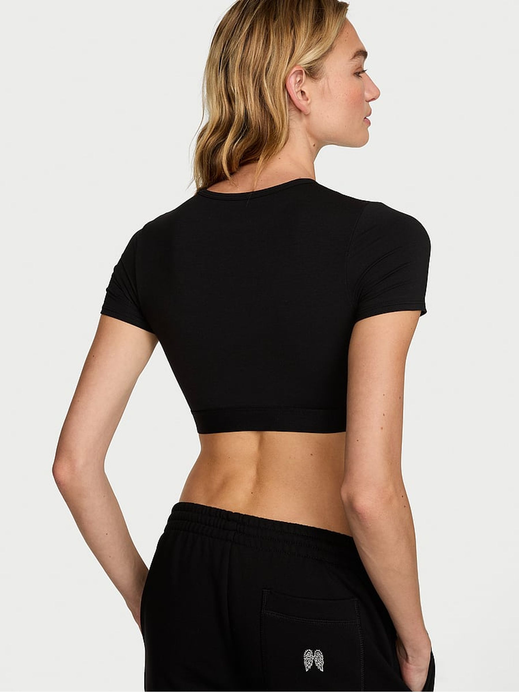 Black Cotton Shine Short Sleeve Bralette Top - Image 3 of 3 Black Cotton Shine Short Sleeve Bralette Top - Image 3 of 3