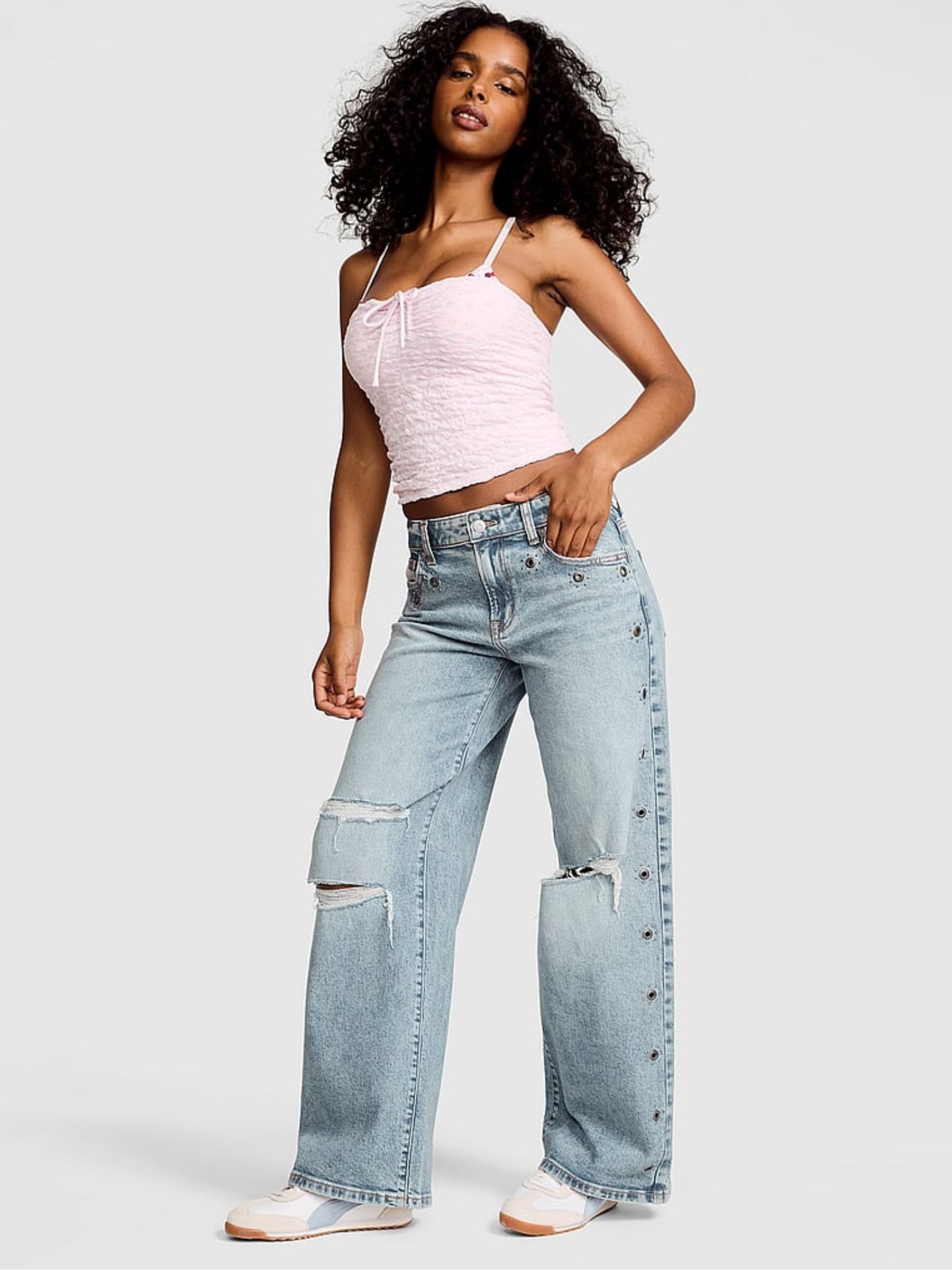 Medium Wash Blue Grommet Mid-Rise Baggy Wide Leg Jeans - Image 2 of 4