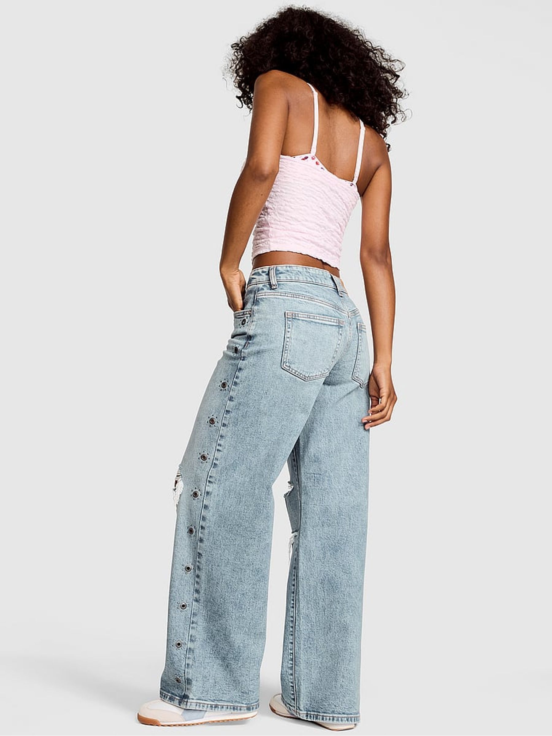 Medium Wash Blue Grommet Mid-Rise Baggy Wide Leg Jeans - Image 3 of 4