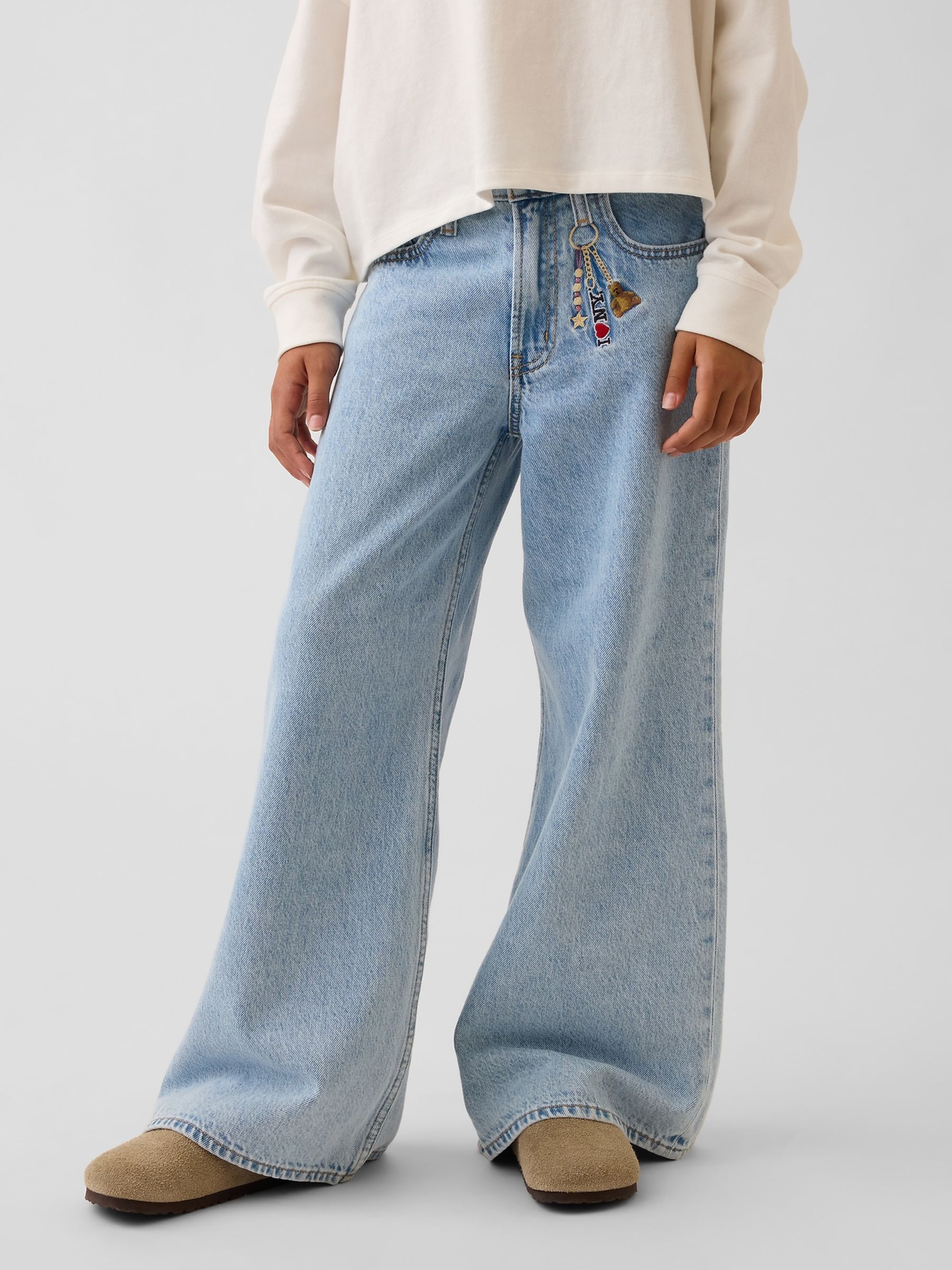 Light Wash Keychain Low Rise Embroidered I Heart NY Baggy Jeans - Image 1 of 6