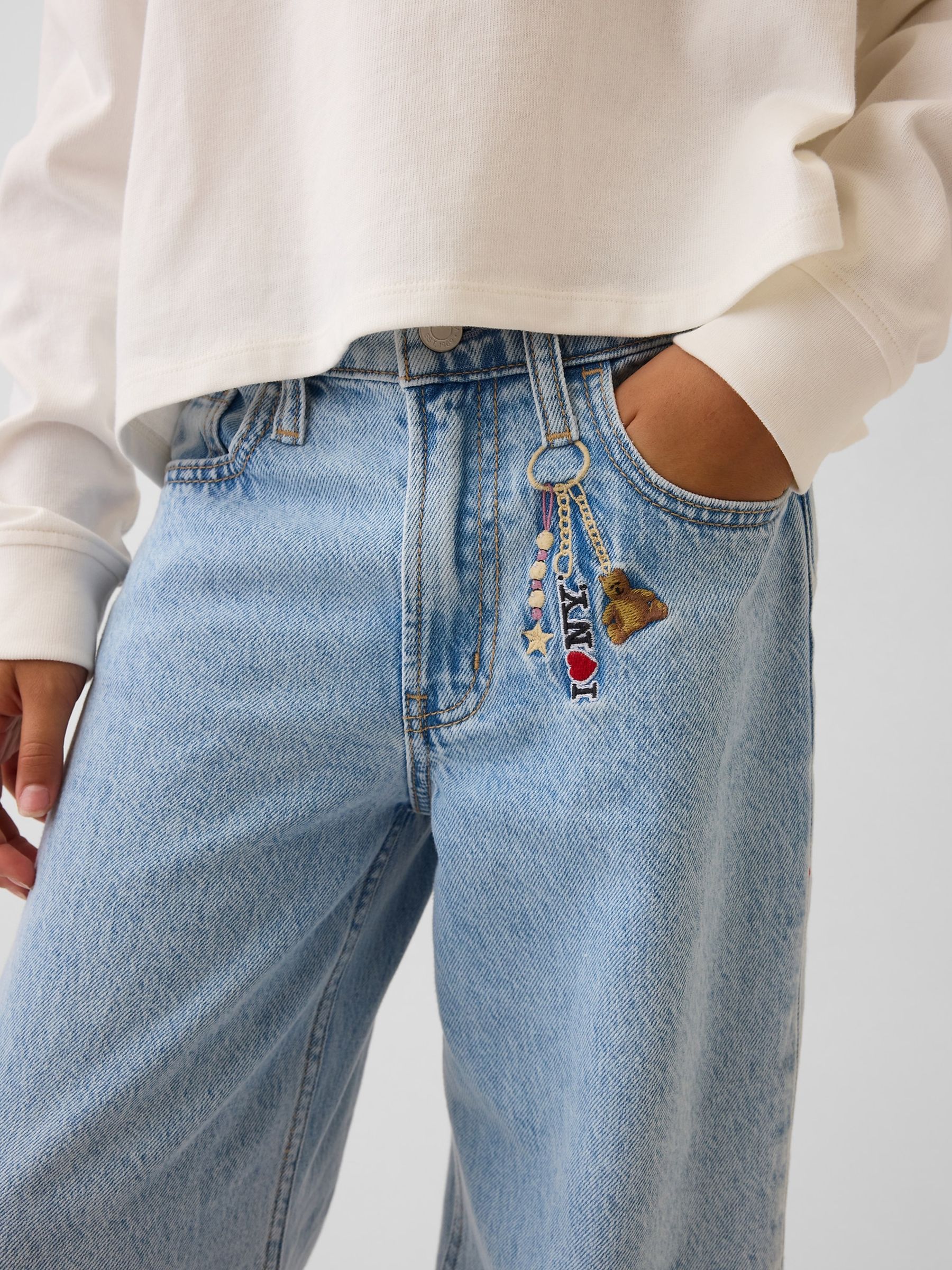 Light Wash Keychain Low Rise Embroidered I Heart NY Baggy Jeans - Image 5 of 6