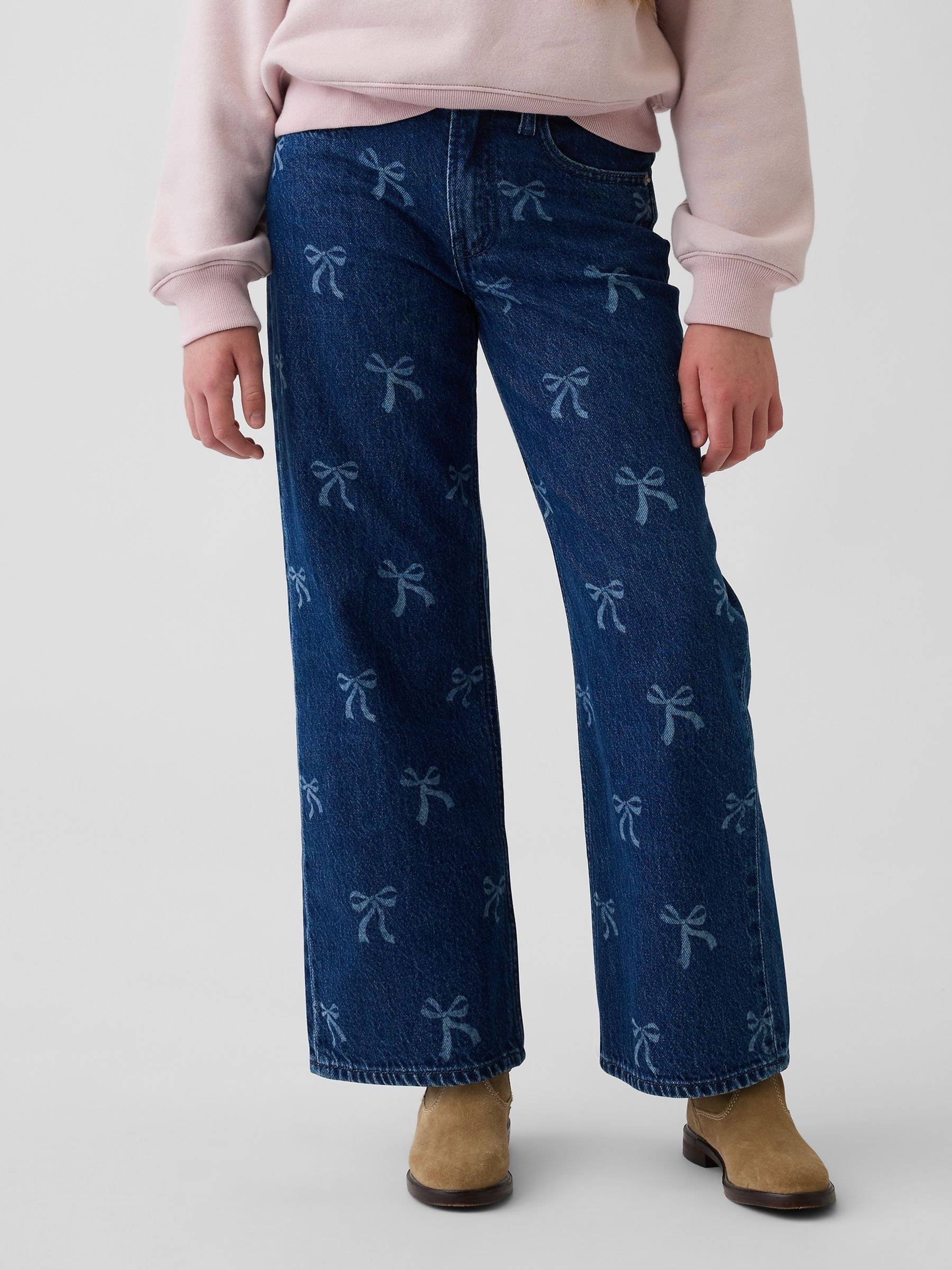 Dark Wash Bow Low Rise Stride Wide-Leg Jeans - Image 1 of 5