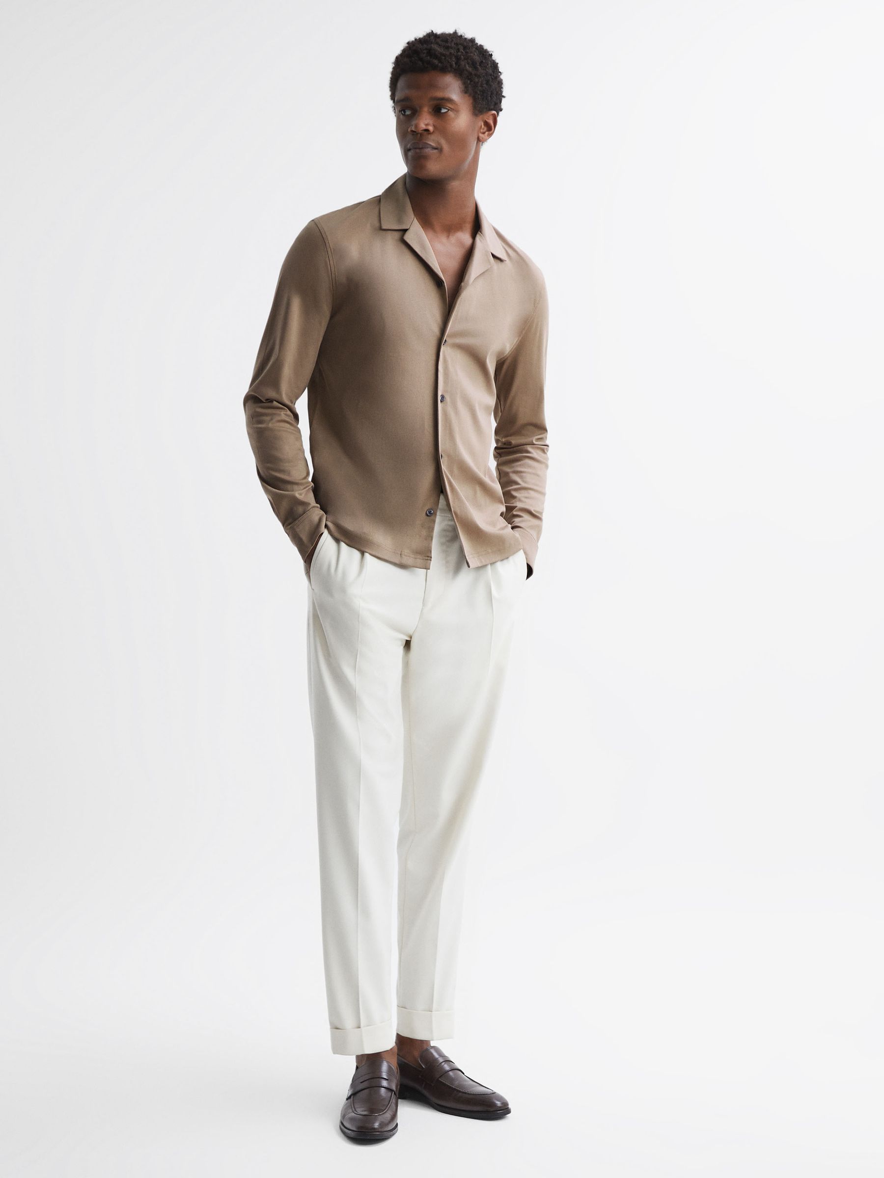Mercerised Cotton Long Sleeve Shirt in Fawn - Image 1 of 4