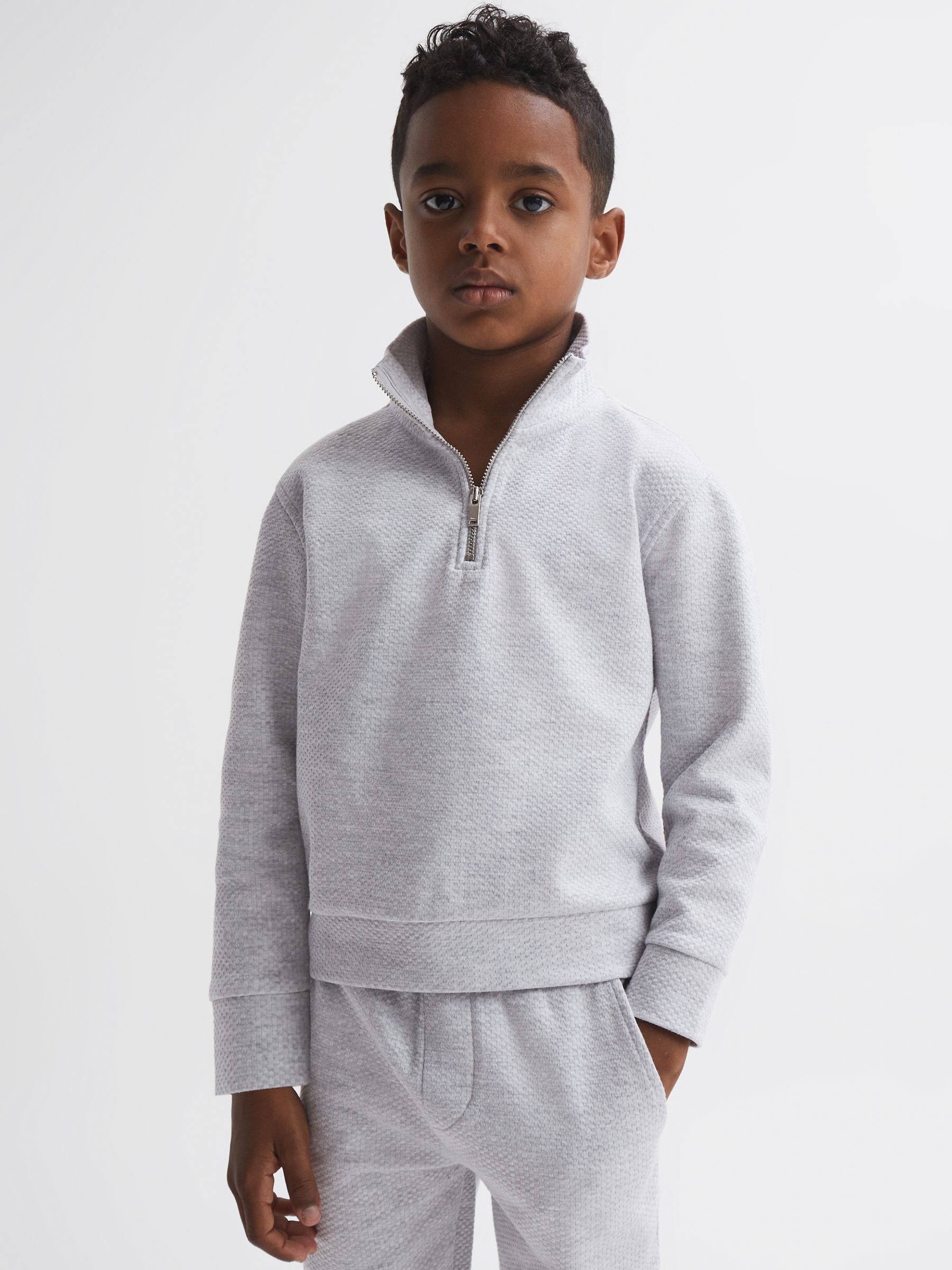 3-9 yrs Textured Half-Zip Funnel Neck Top in Soft Grey - Image 1 of 5