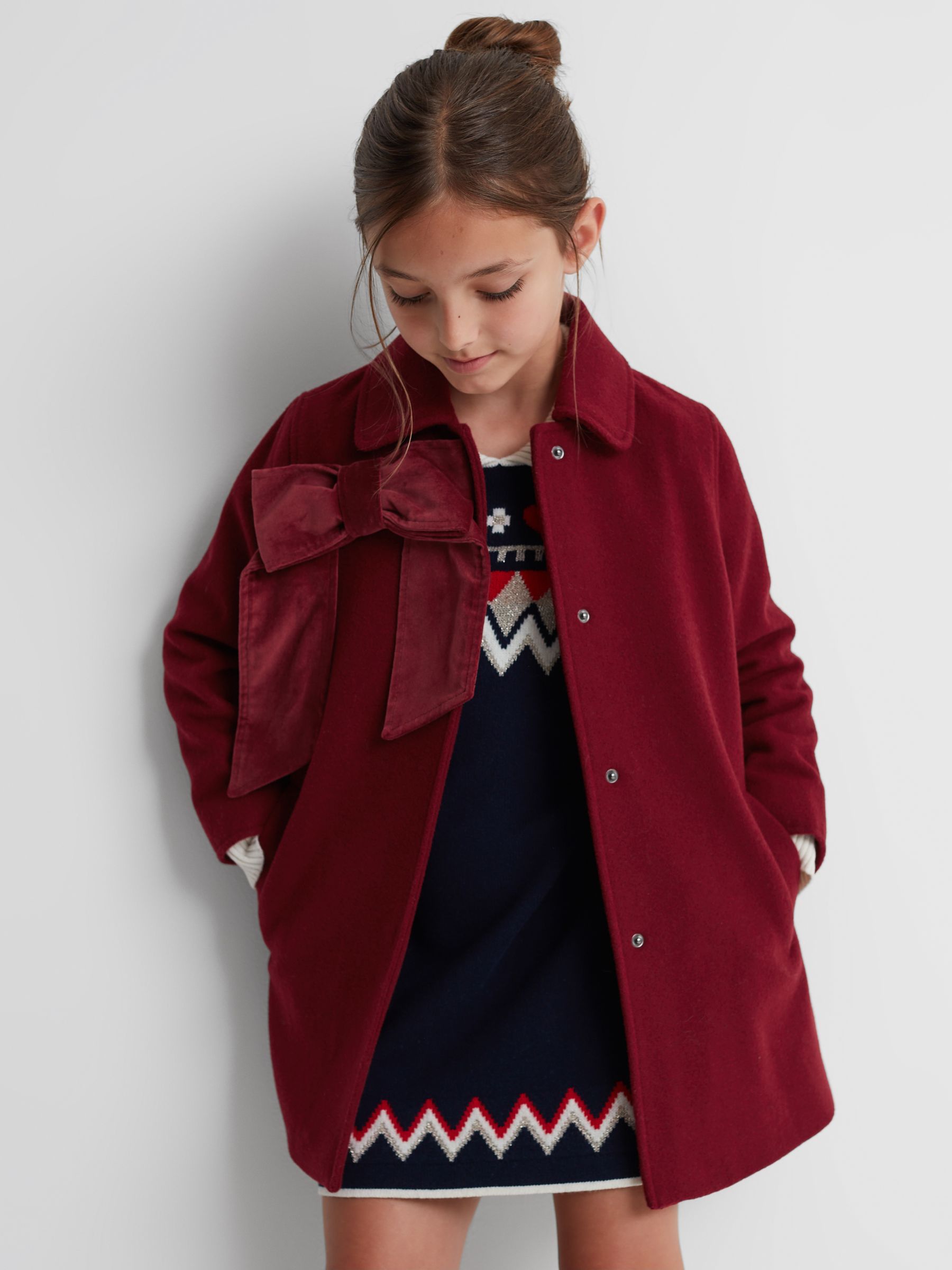 9-14 yrs Wool Blend Bow Coat in Red - Image 3 of 6