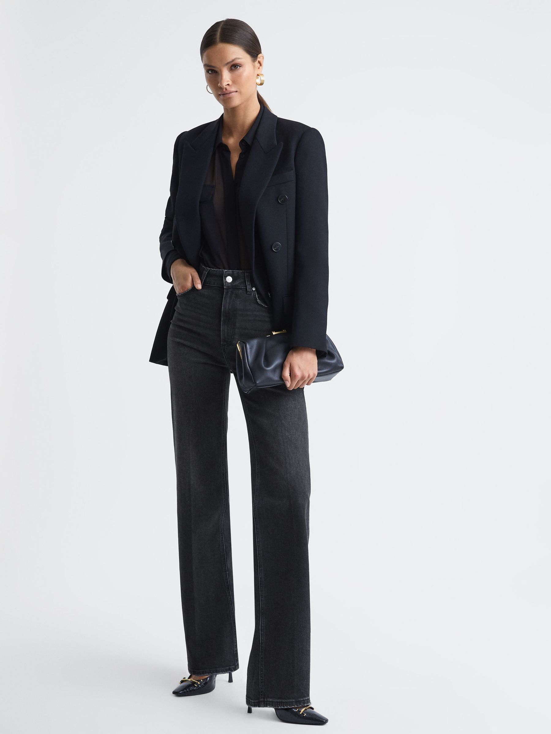 Paige High Rise Distressed Wide Leg Jeans in Viper Black - Image 1 of 4