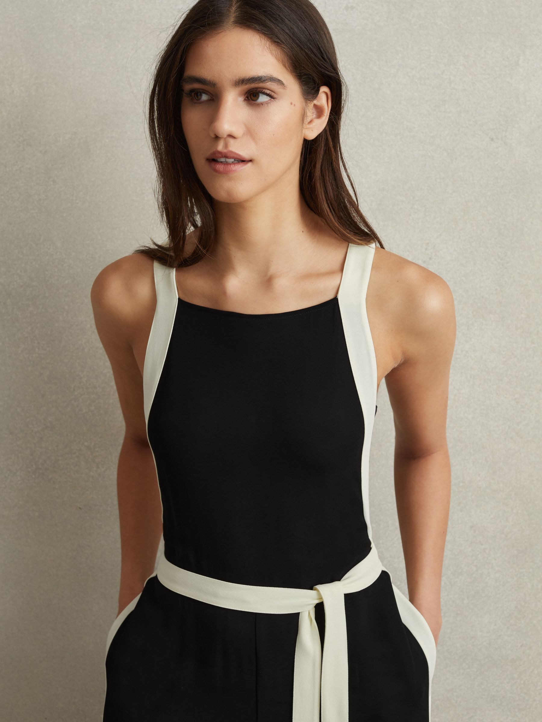Petite Contrast Trim Belted Jumpsuit in Black/White - Image 1 of 7