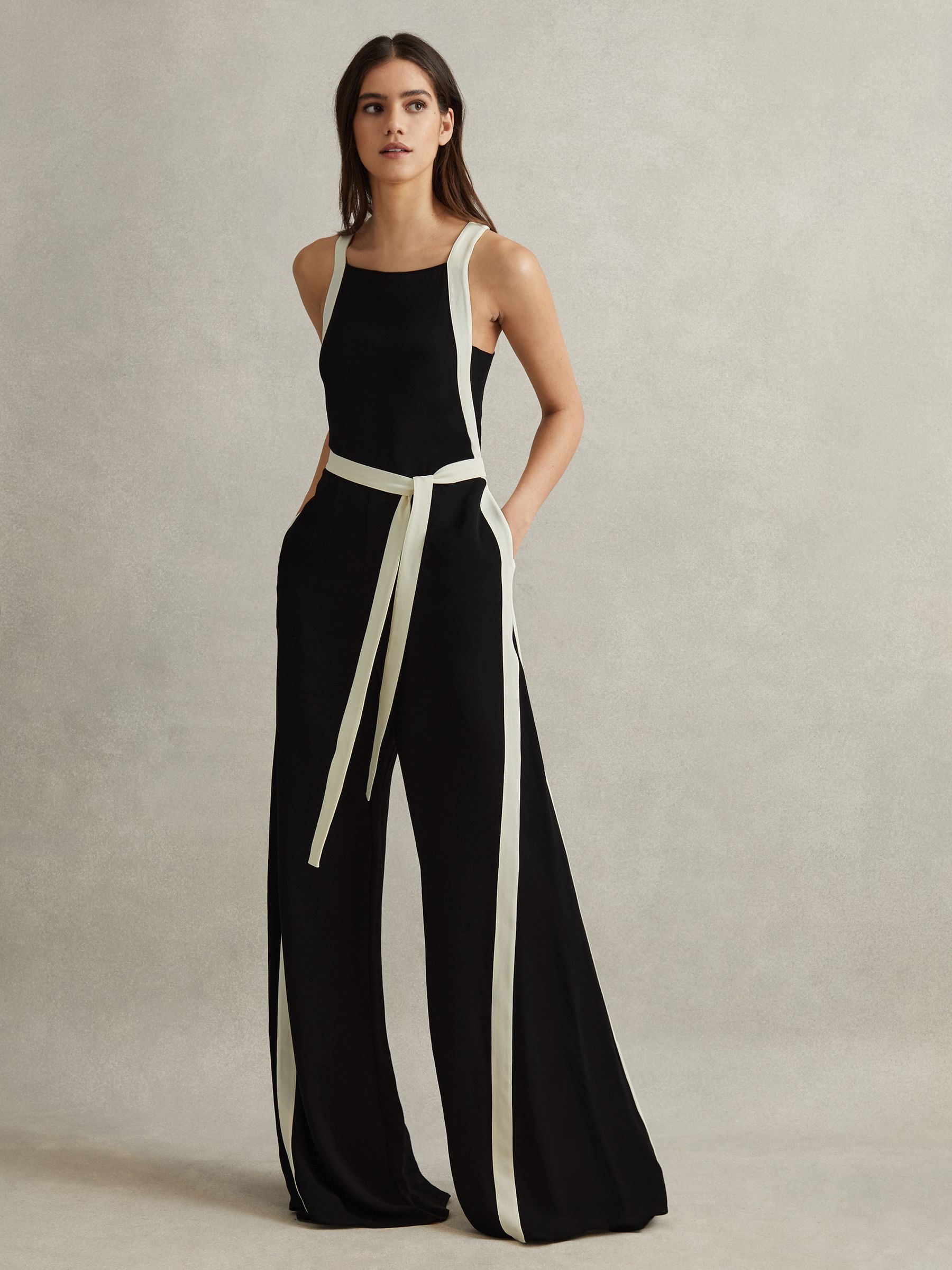 Petite Contrast Trim Belted Jumpsuit in Black/White - Image 3 of 7
