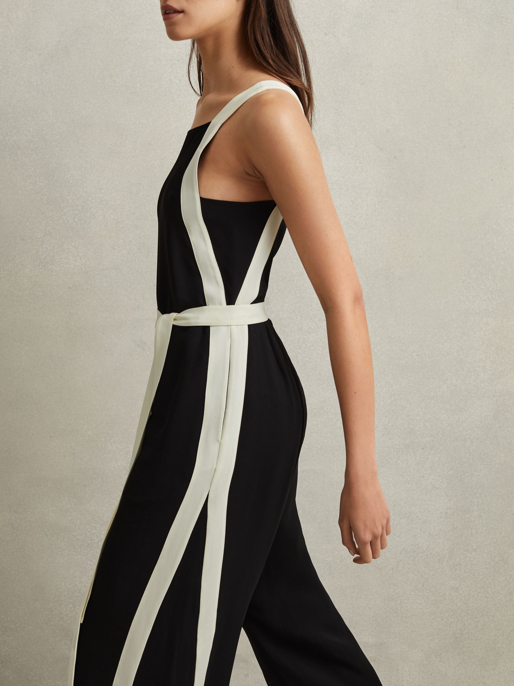 Petite Contrast Trim Belted Jumpsuit in Black/White - Image 4 of 7