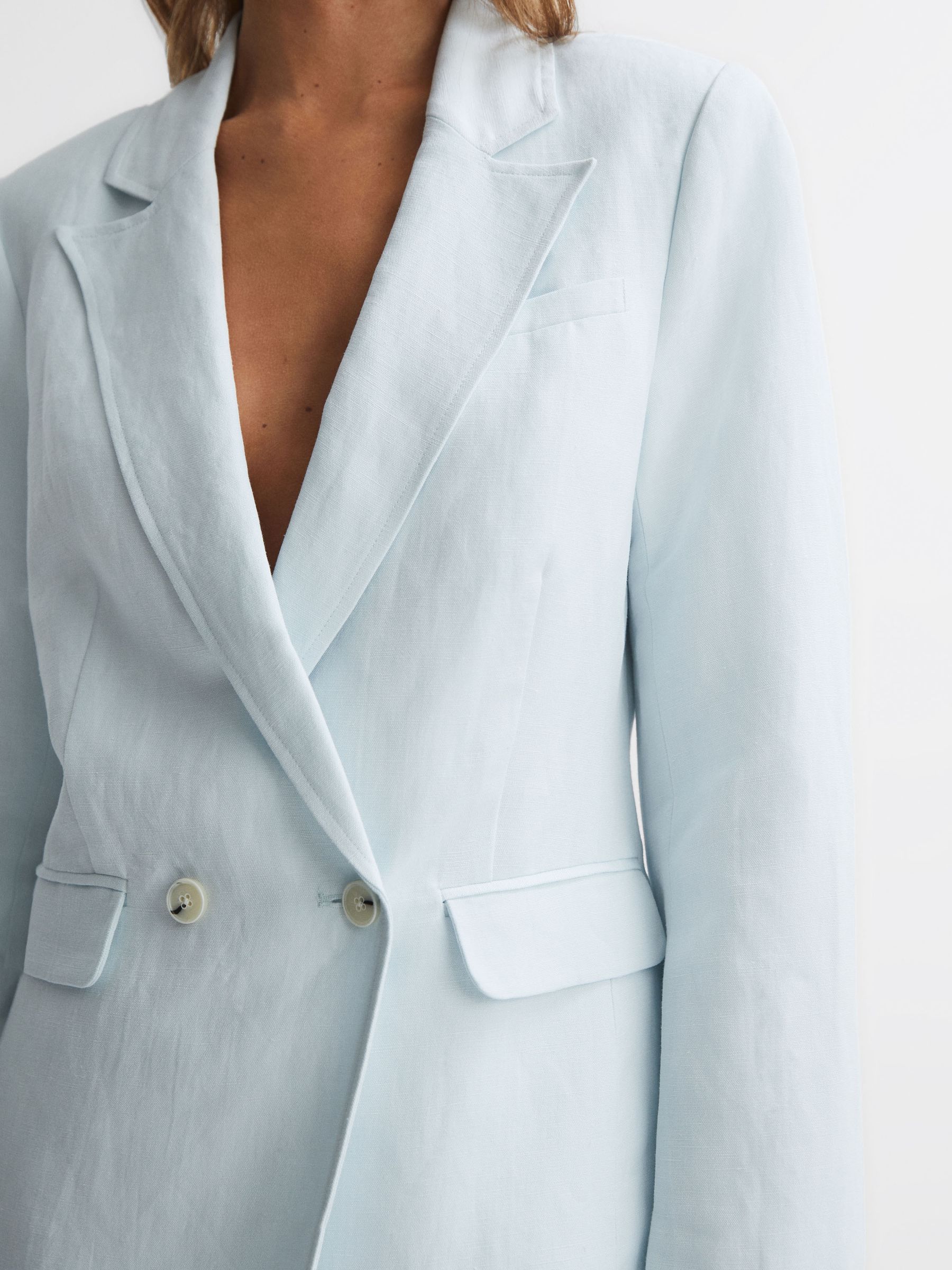 Paige Double Breasted Linen Blend Suit Blazer in Ice Flow - Image 1 of 5