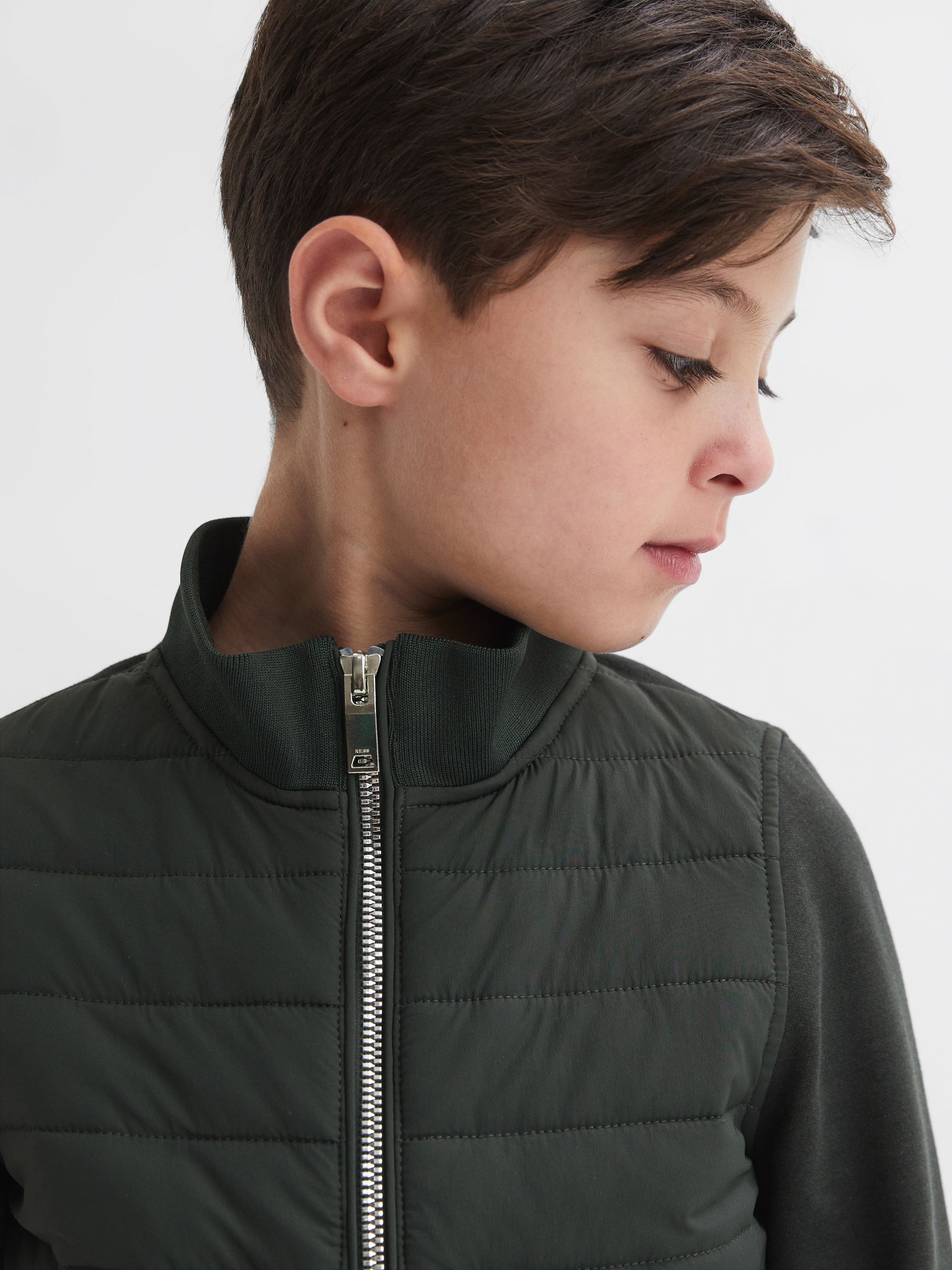3-9 yrs Funnel Neck Quilted Hybrid Jacket in Forest Green - Image 1 of 6