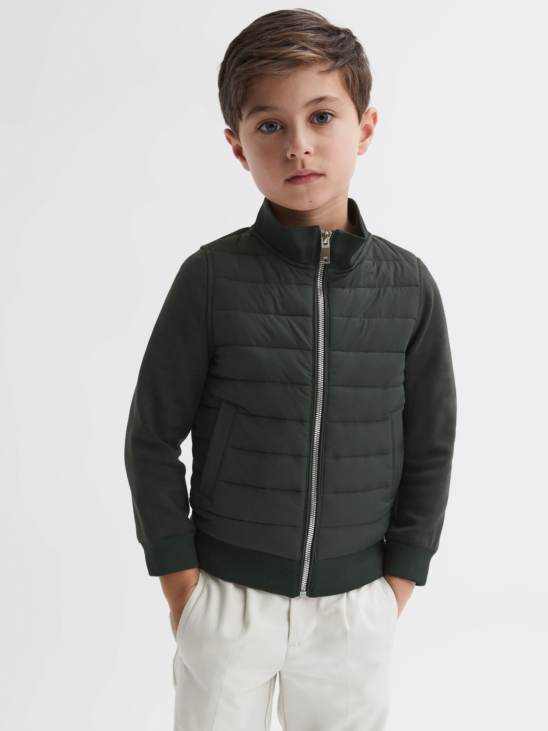 3-9 yrs Funnel Neck Quilted Hybrid Jacket in Forest Green - Image 4 of 6