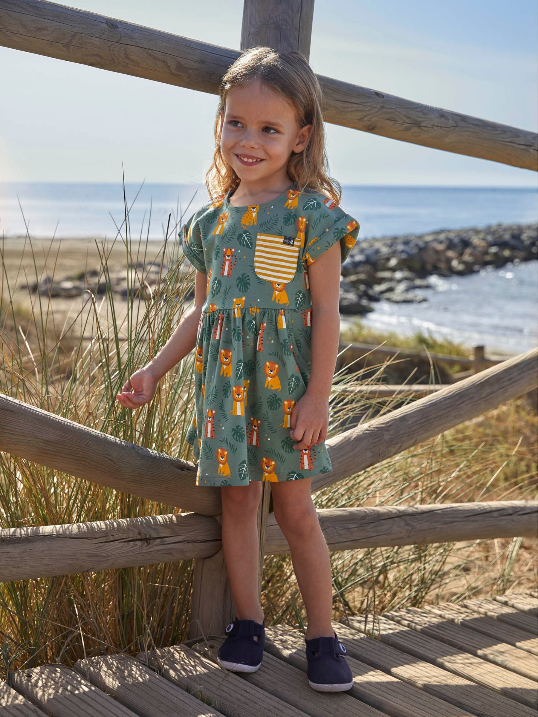 Khaki Big Cats Print Drop Shoulder Dress - Image 1 of 5