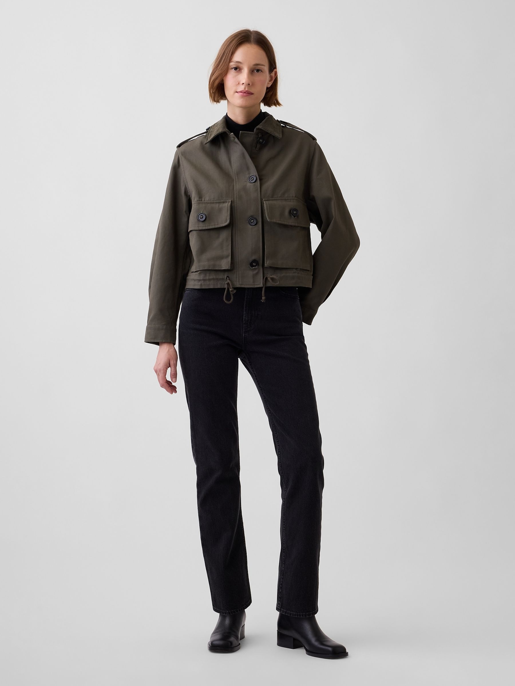 Green Canvas Crop Utility Jacket - Image 3 of 5