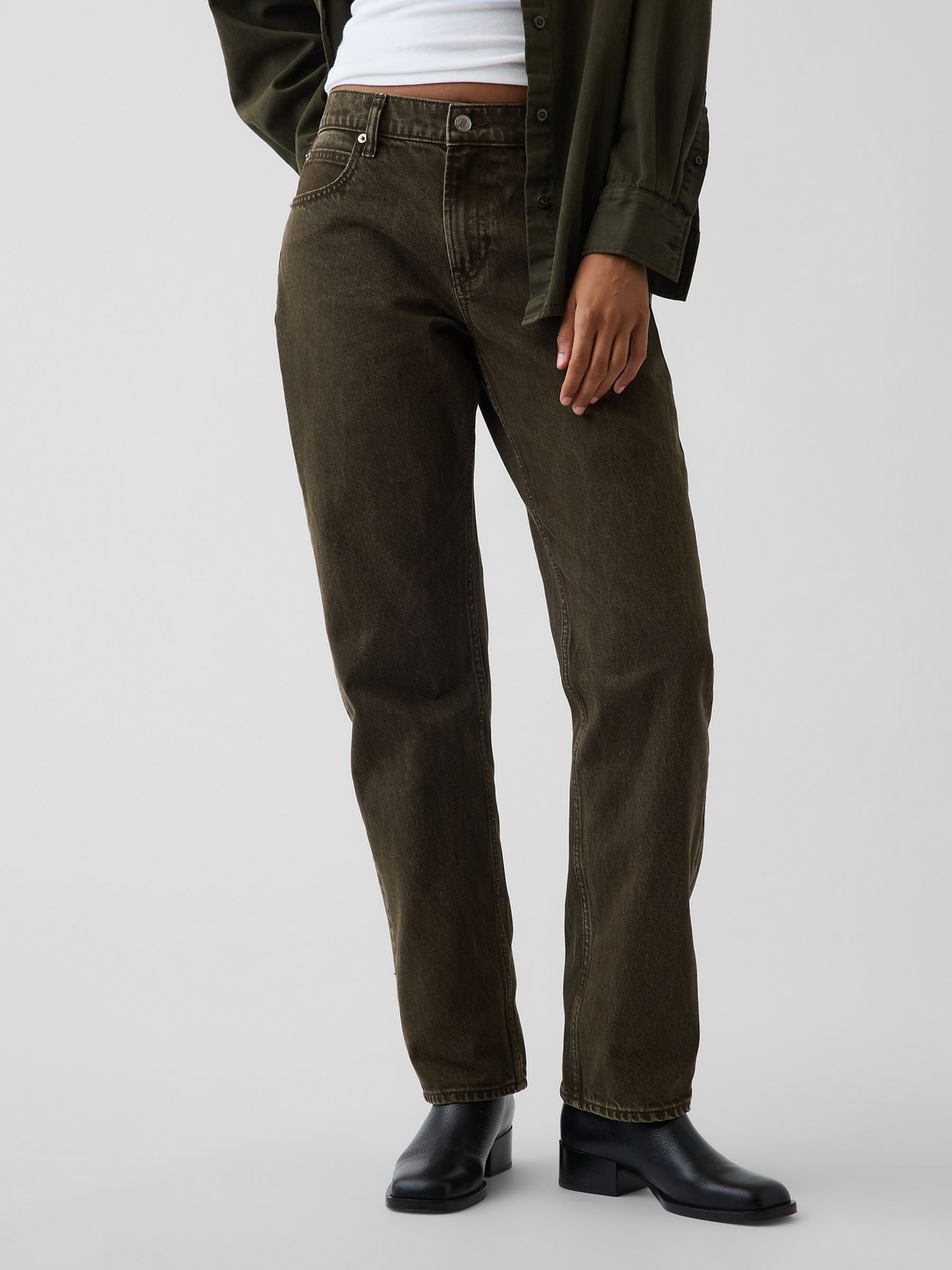 Olive Green Mid Rise Straight Taper Jeans - Image 1 of 6