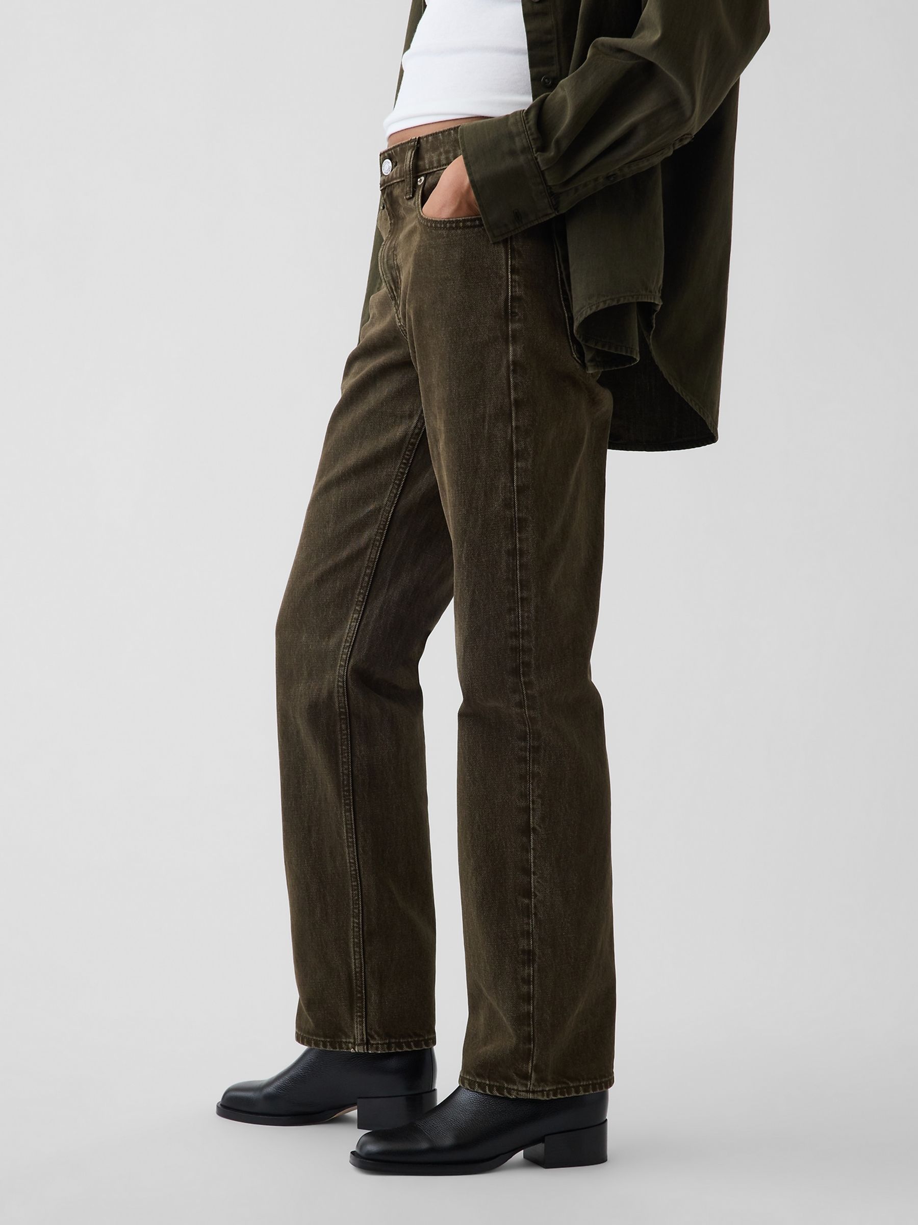 Olive Green Mid Rise Straight Taper Jeans - Image 3 of 6
