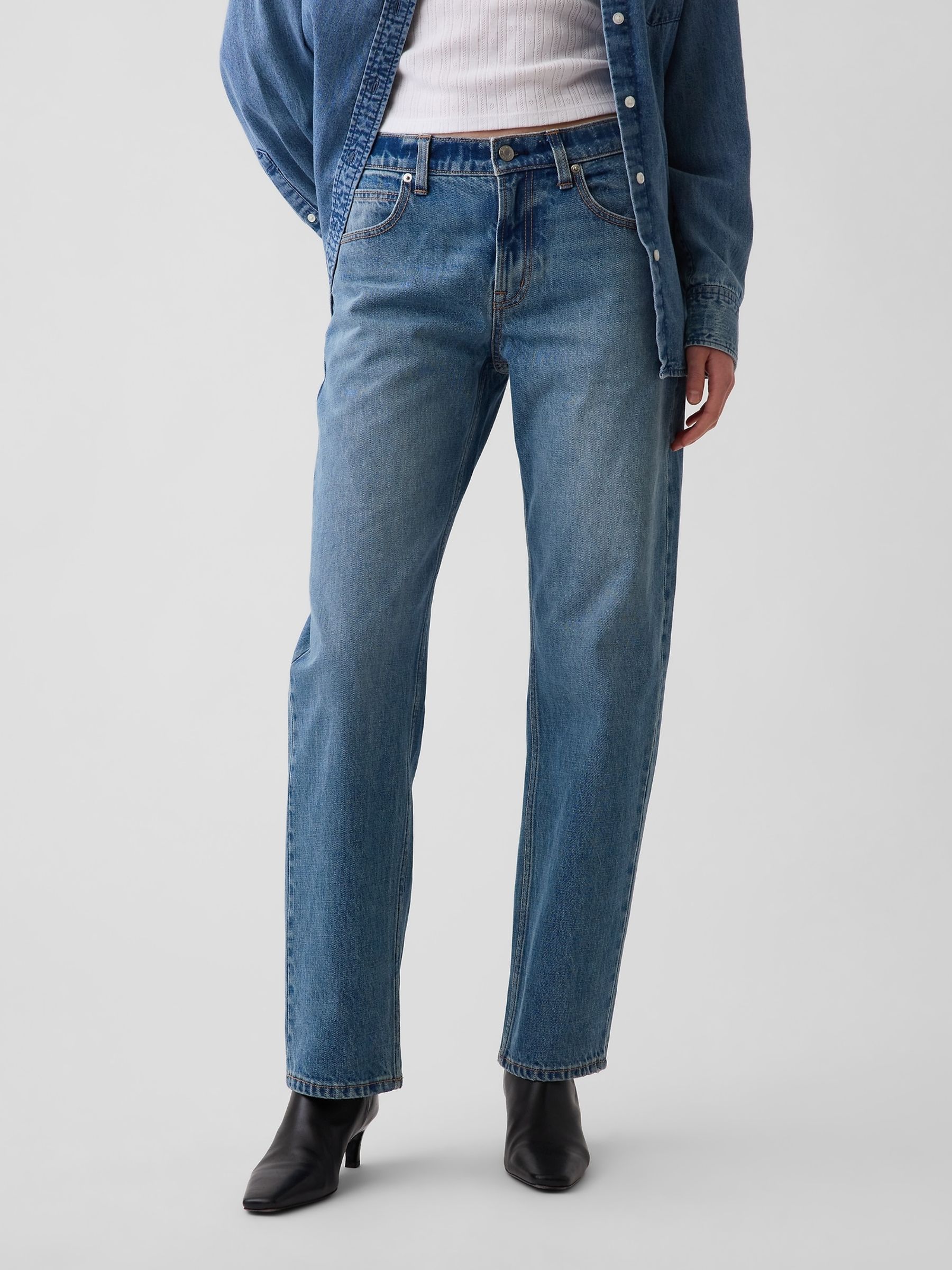 Mid Wash Blue Mid Rise Straight Taper Jeans - Image 1 of 5