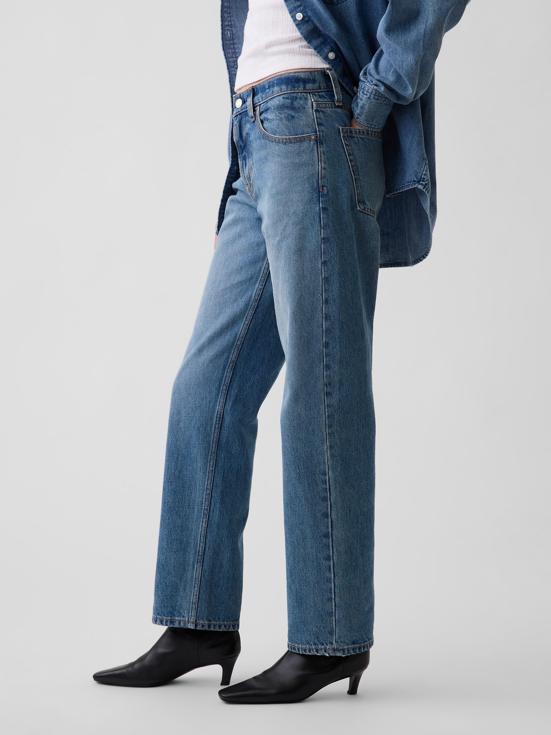 Mid Wash Blue Mid Rise Straight Taper Jeans - Image 3 of 5
