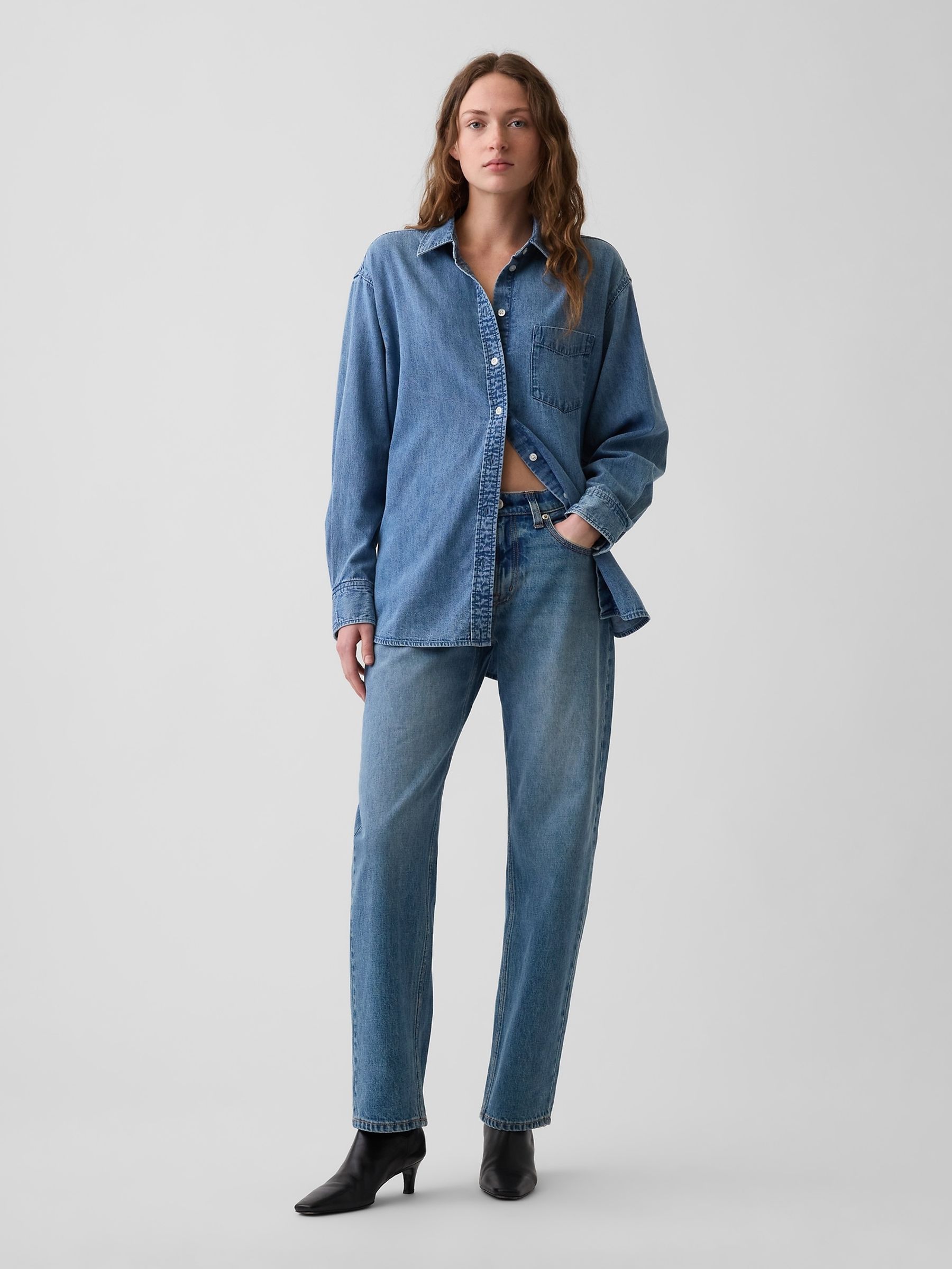 Mid Wash Blue Mid Rise Straight Taper Jeans - Image 4 of 5