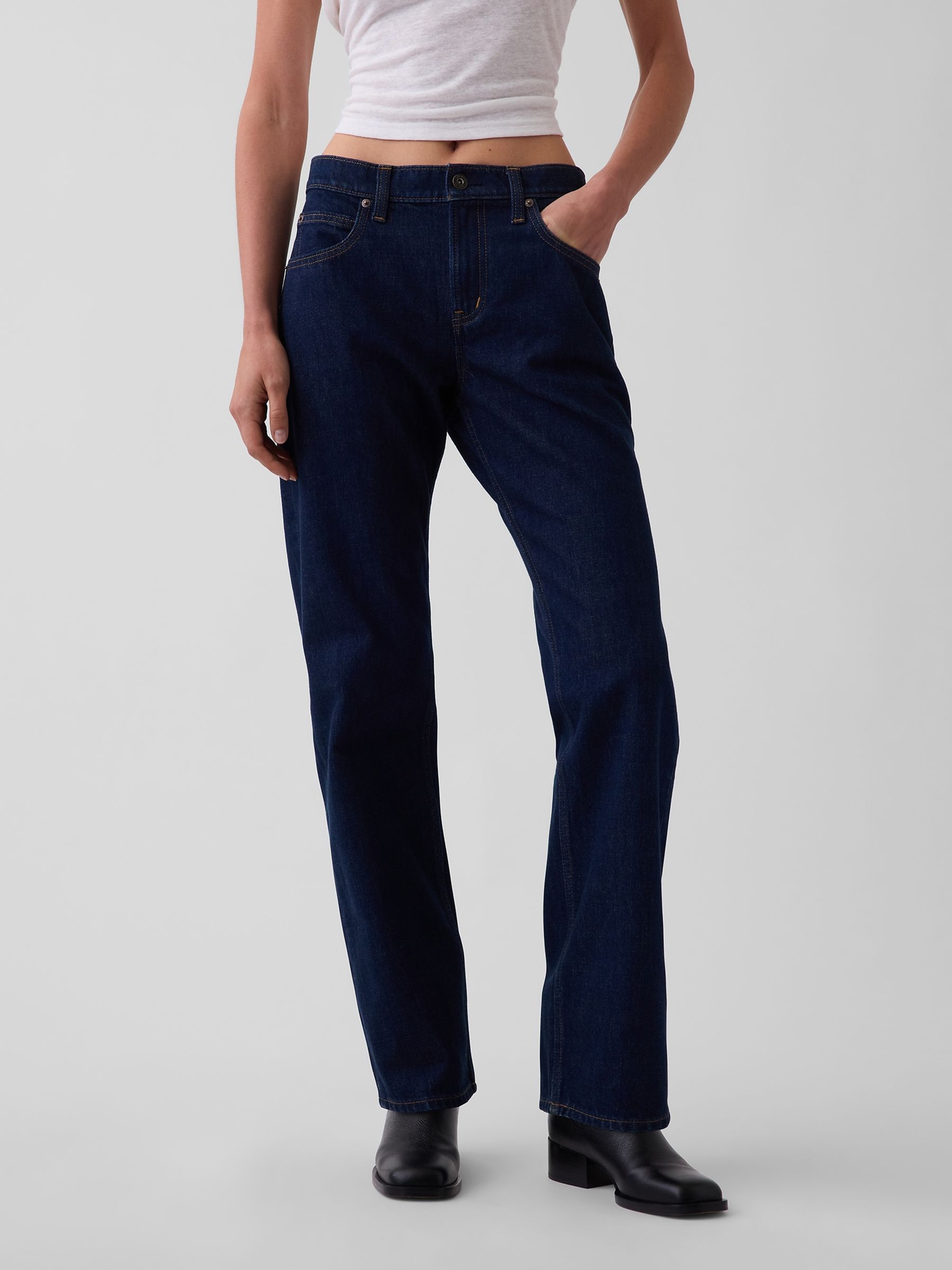 Dark Wash Blue Mid Rise Straight Taper Jeans - Image 1 of 6 Dark Wash Blue Mid Rise Straight Taper Jeans - Image 1 of 6