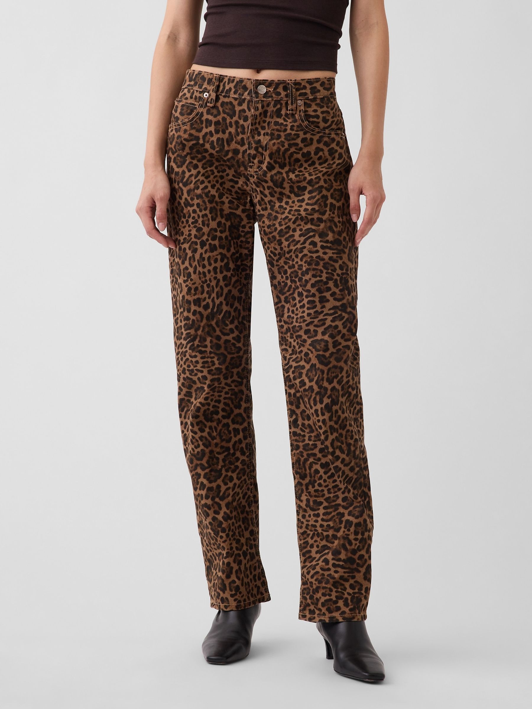 Brown Leopard Mid Rise Straight Taper Jeans - Image 1 of 5