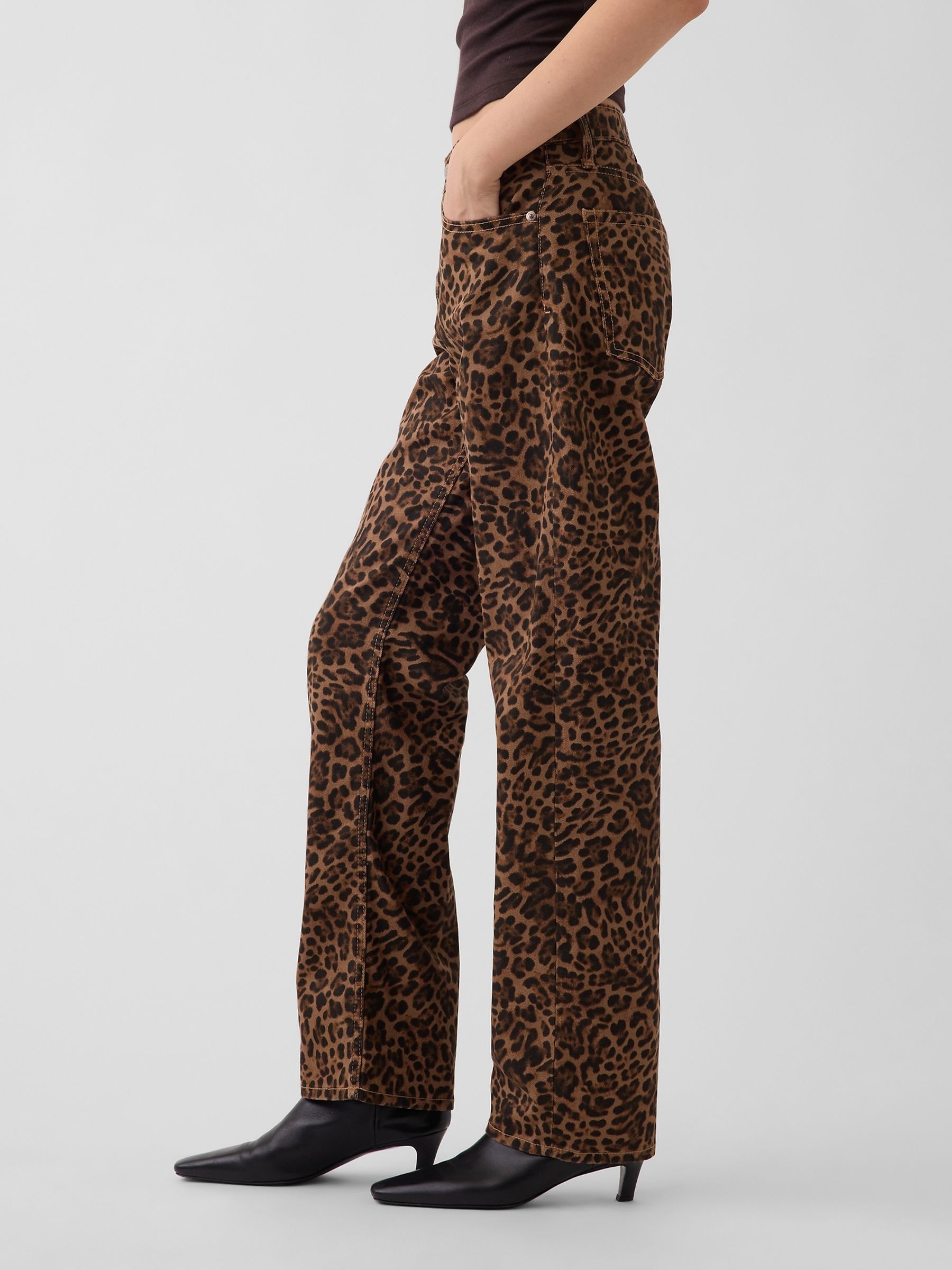 Brown Leopard Mid Rise Straight Taper Jeans - Image 3 of 5