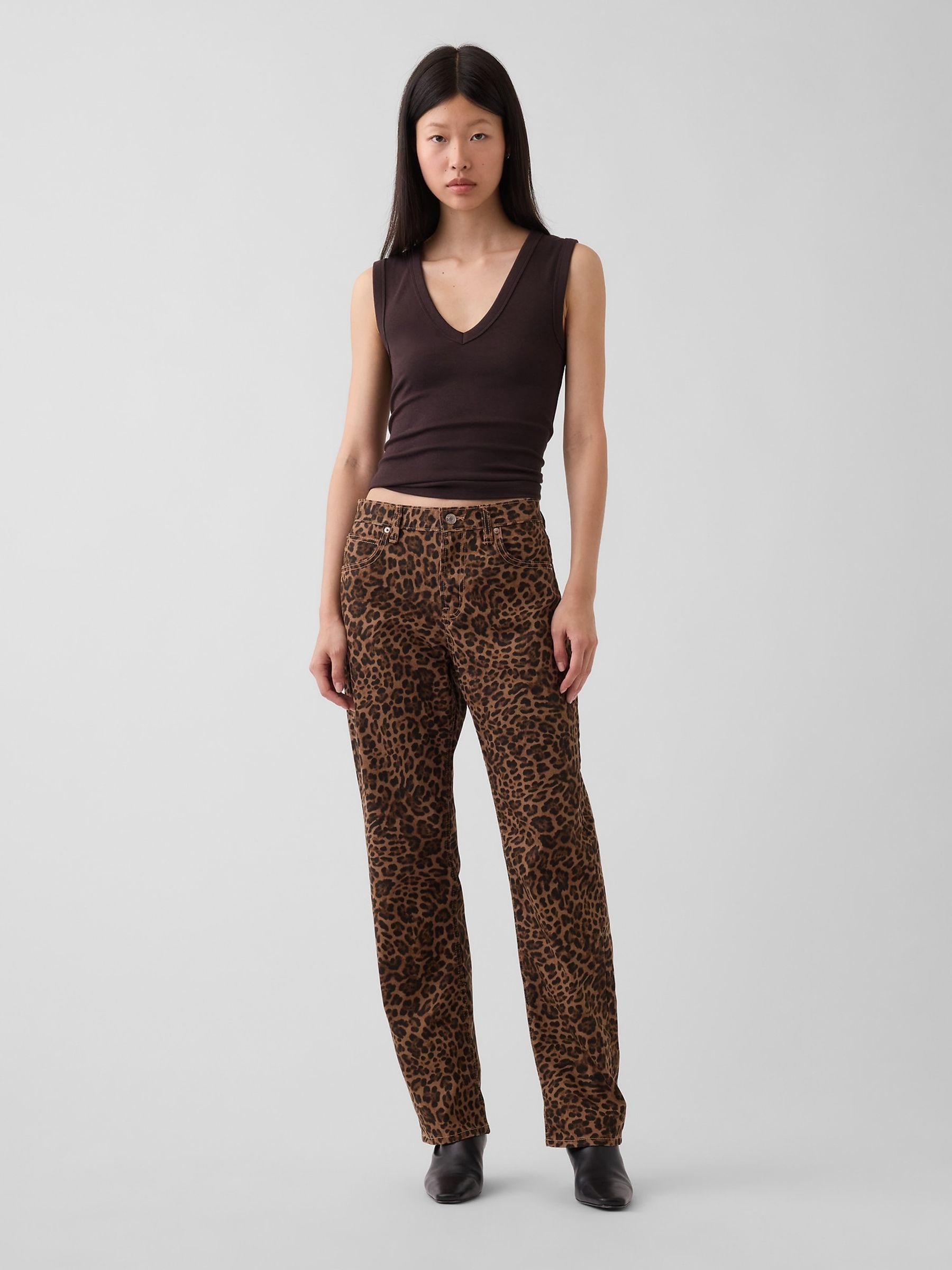 Brown Leopard Mid Rise Straight Taper Jeans - Image 4 of 5