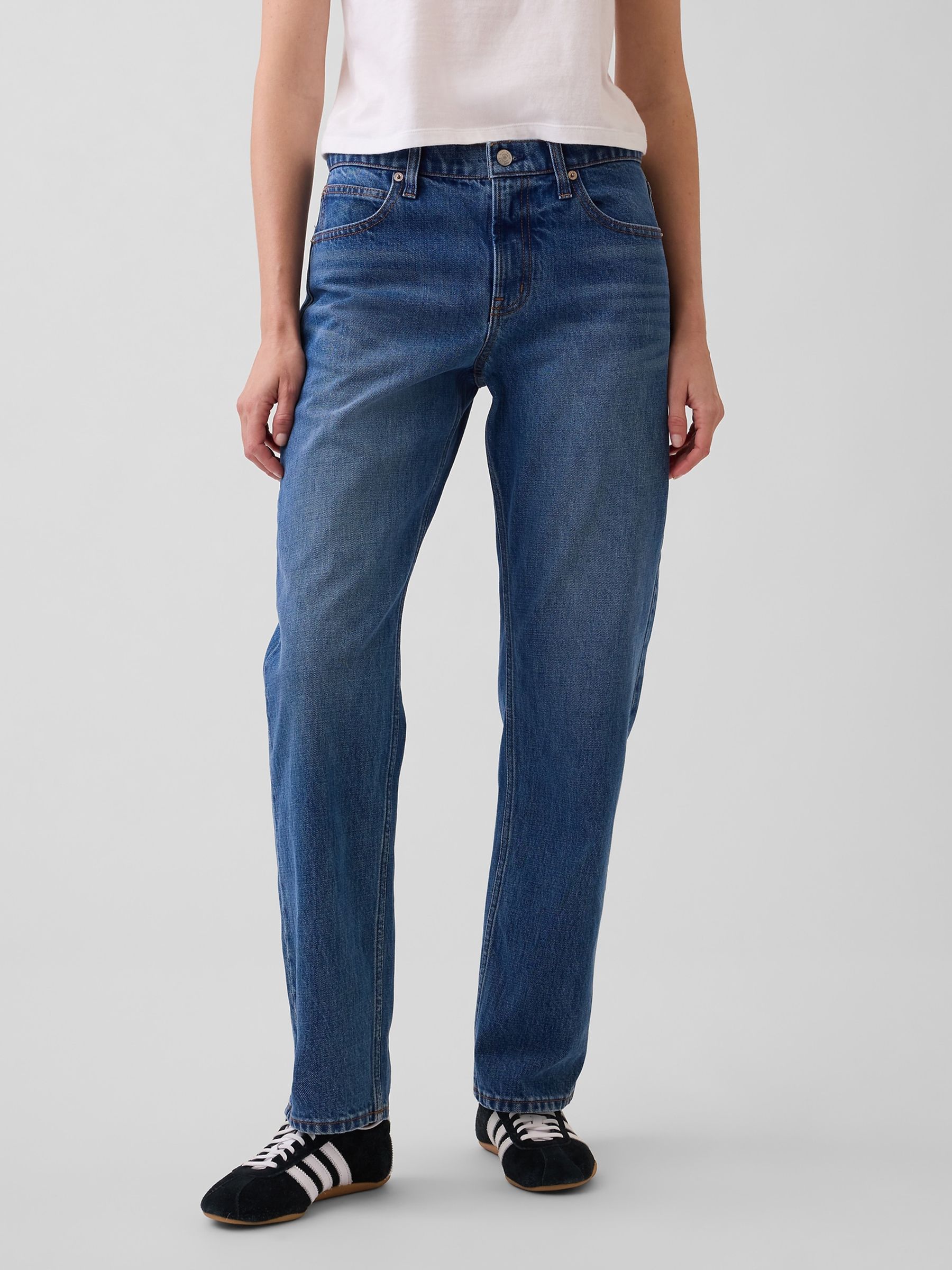 Mid Indigo Blue Mid Rise Straight Taper Jeans - Image 2 of 6