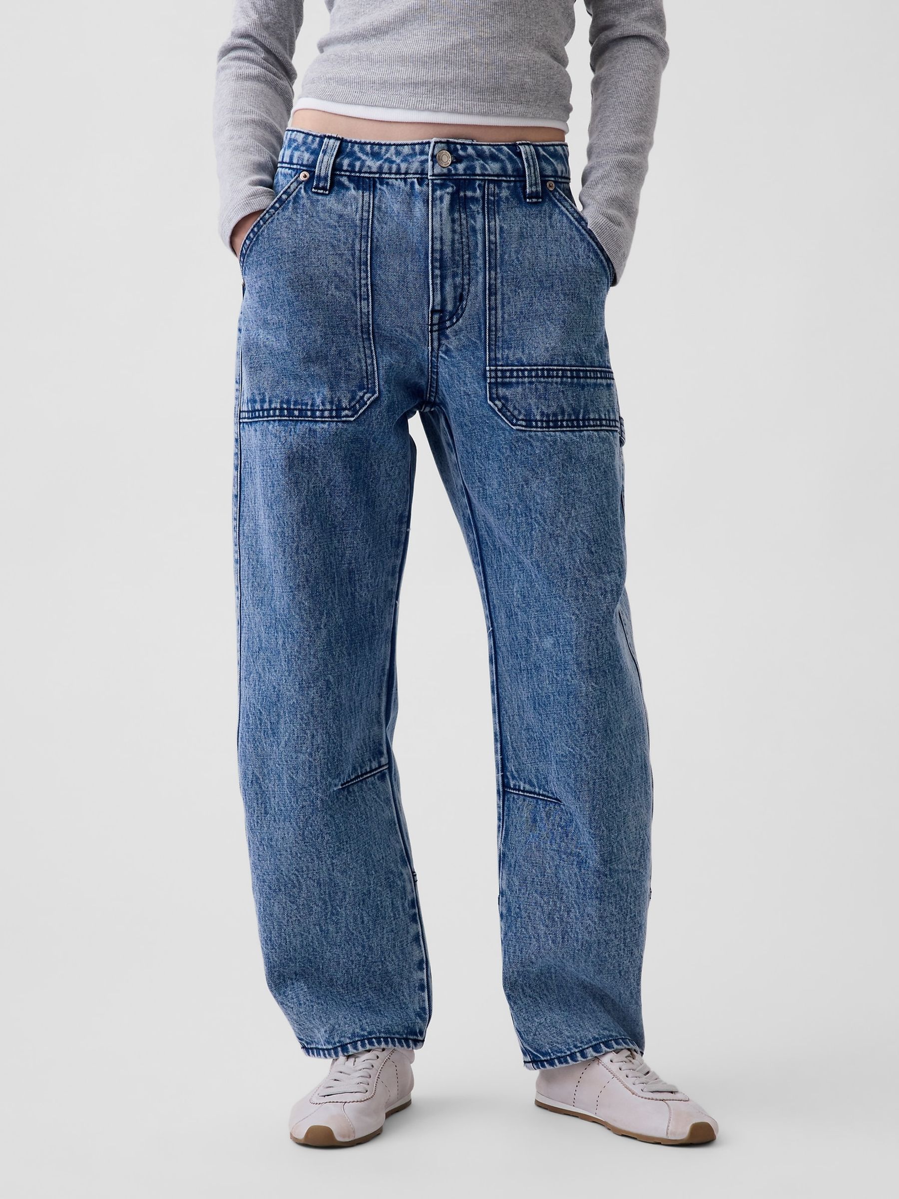 Medium Wash Mid Rise Barrel Utility Jeans - Image 1 of 5