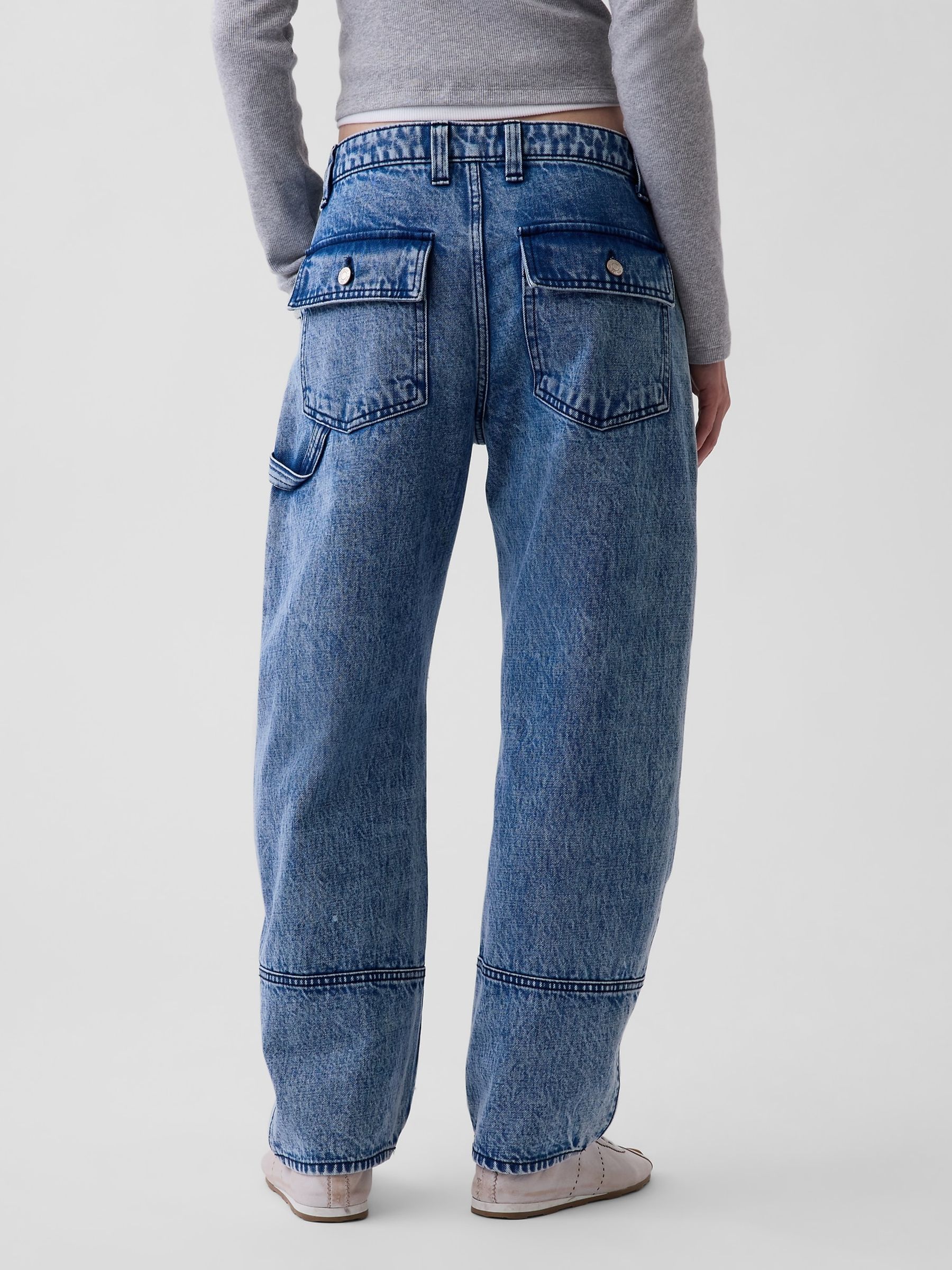 Medium Wash Mid Rise Barrel Utility Jeans - Image 2 of 5