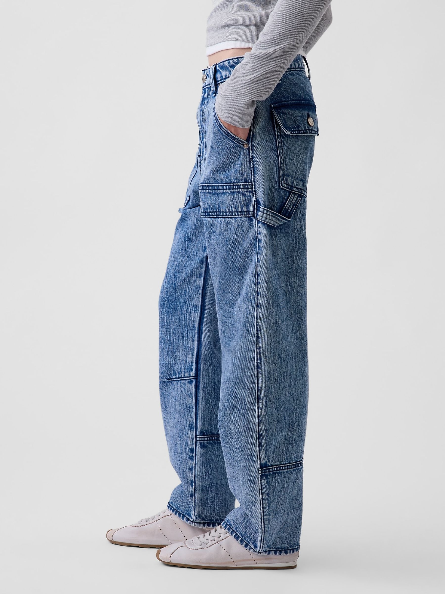 Medium Wash Mid Rise Barrel Utility Jeans - Image 3 of 5