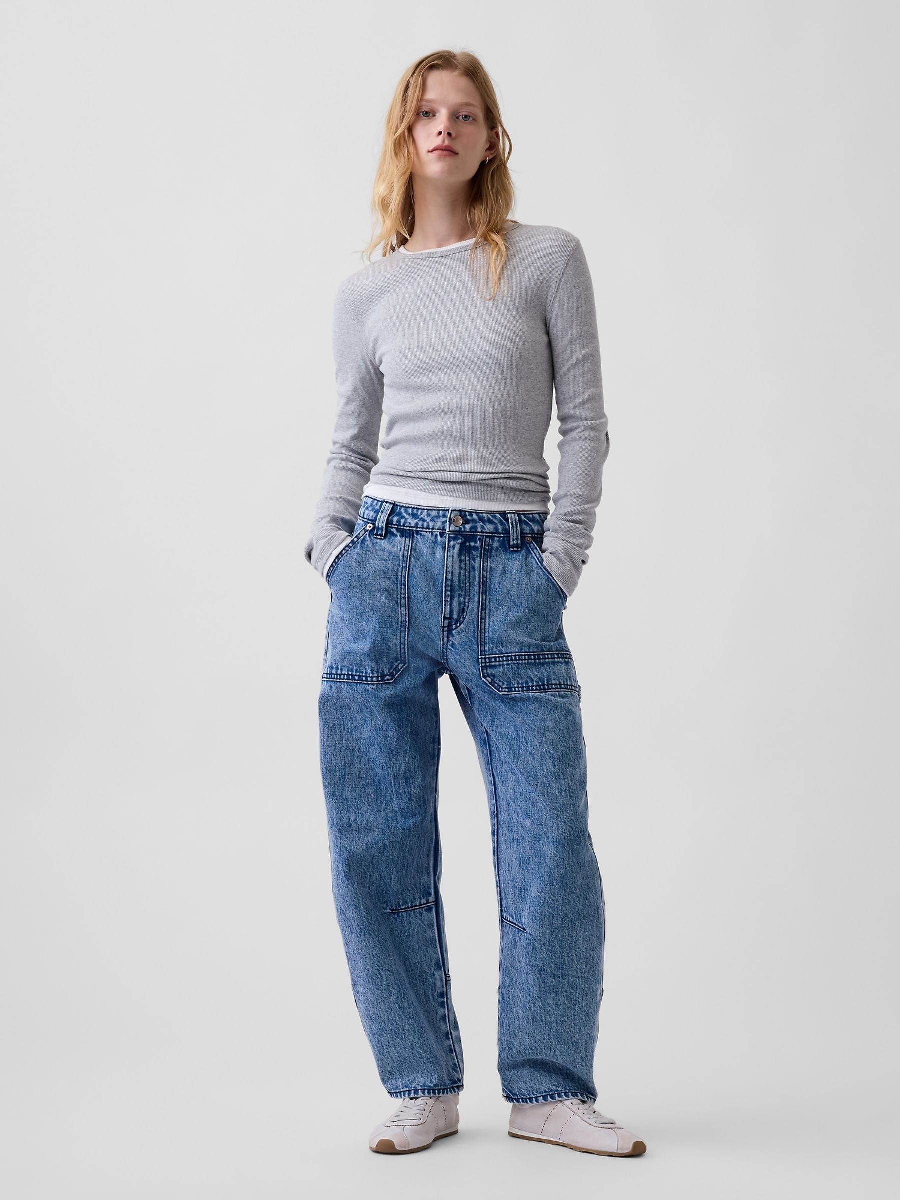 Medium Wash Mid Rise Barrel Utility Jeans - Image 4 of 5