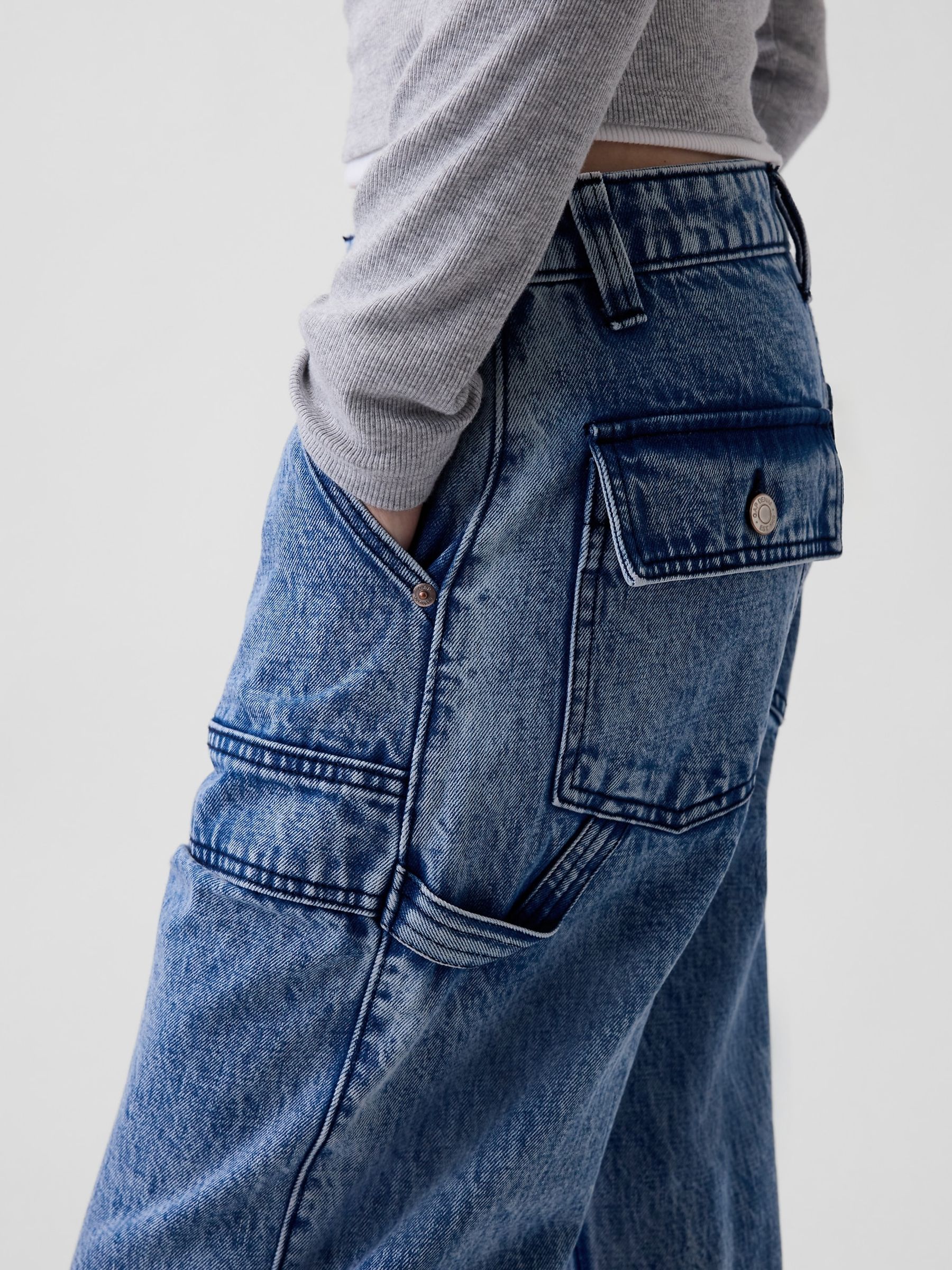 Medium Wash Mid Rise Barrel Utility Jeans - Image 5 of 5