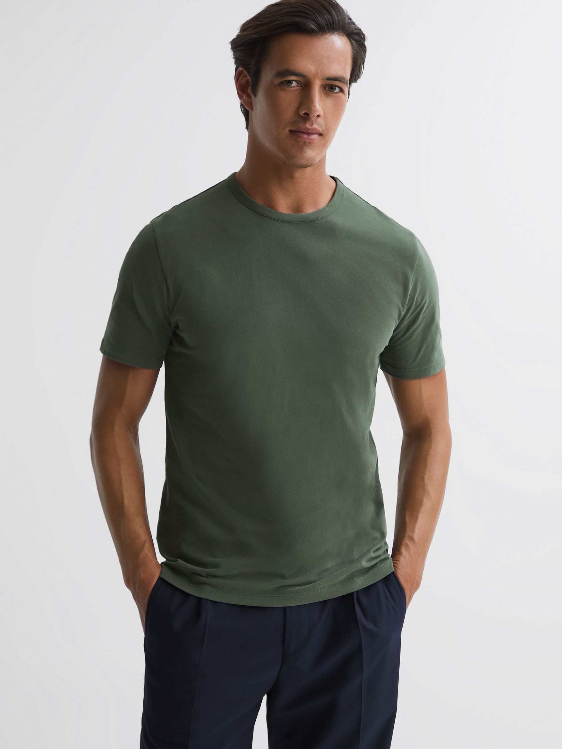 Cotton Crew Neck T-Shirt in Ivy Green - Image 1 of 5