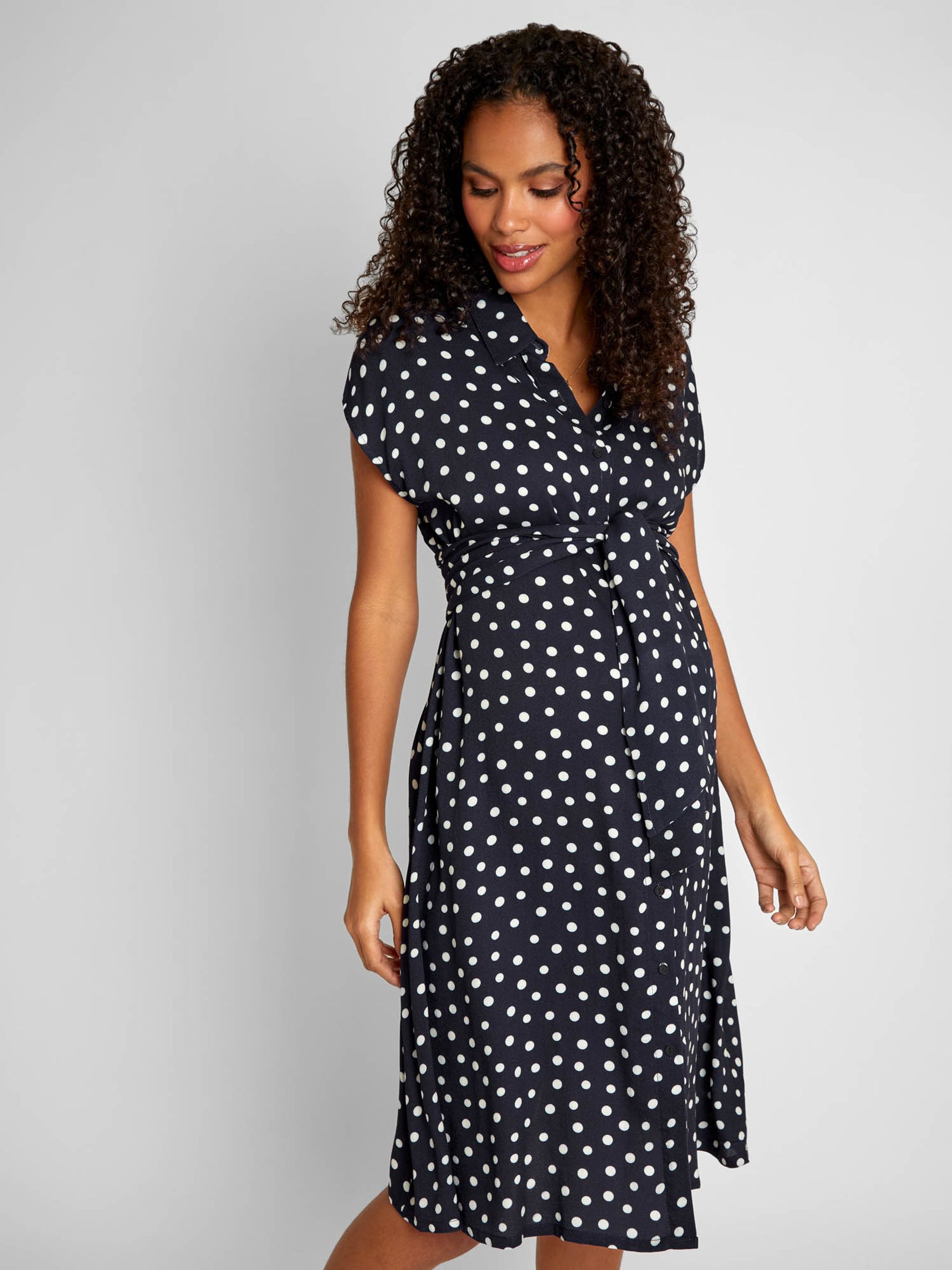 Navy Blue & White Spot Maternity Shirt Dress With Tie - Image 1 of 4