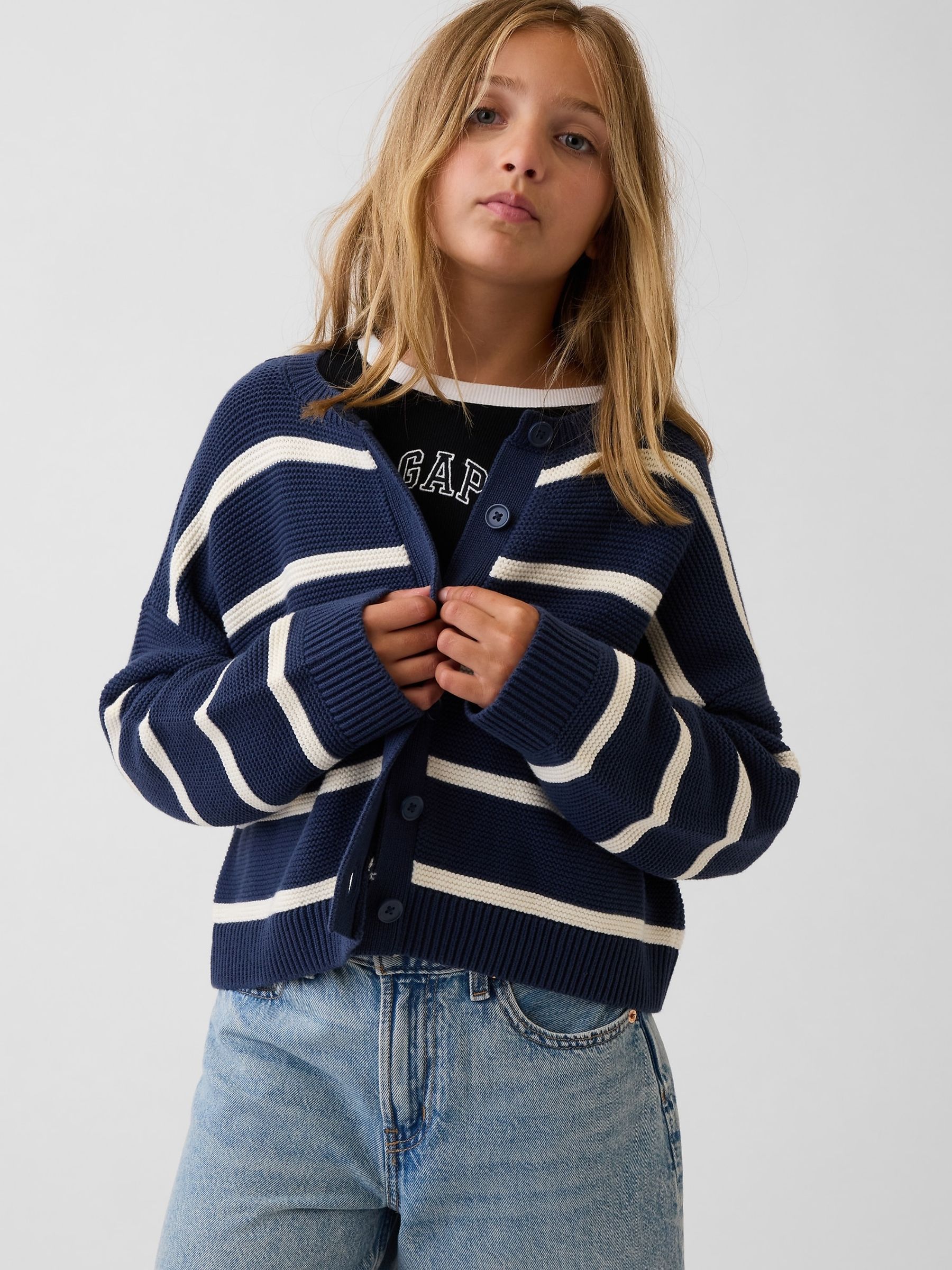 Navy Stripe Oversized Boxy Cardigan - Image 1 of 6 Navy Stripe Oversized Boxy Cardigan - Image 1 of 6