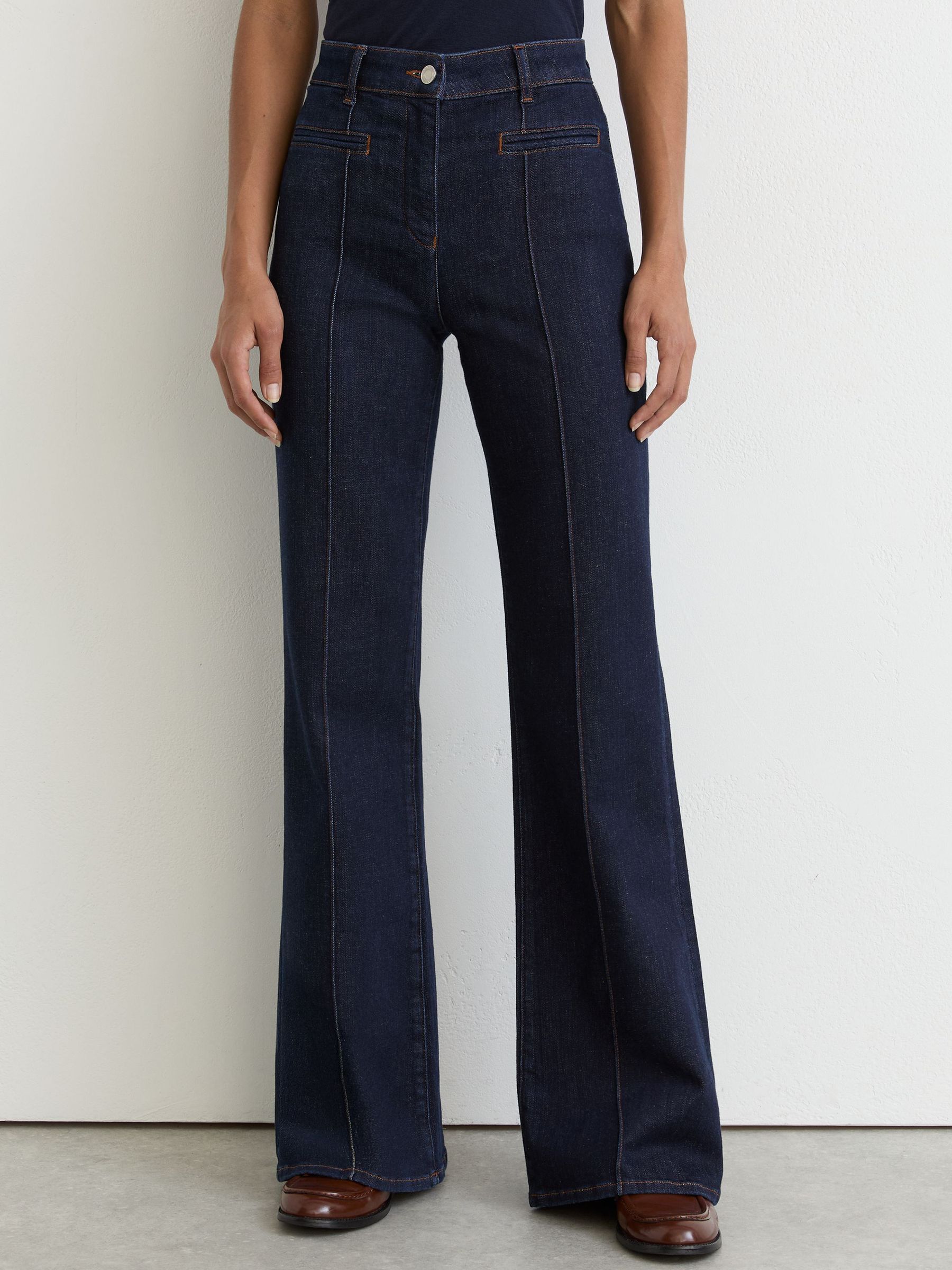 Petite Pintuck-Detail Flared Jeans in Dark Blue - Image 1 of 7 Petite Pintuck-Detail Flared Jeans in Dark Blue - Image 1 of 7