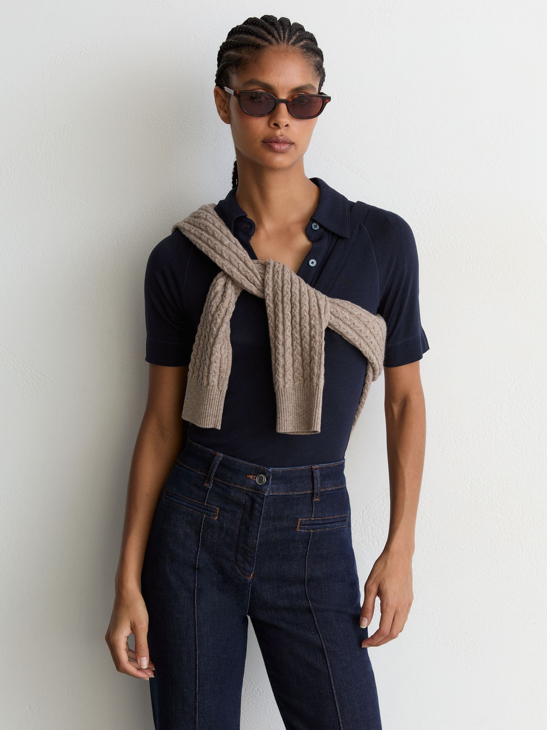 Petite Pintuck-Detail Flared Jeans in Dark Blue - Image 4 of 7